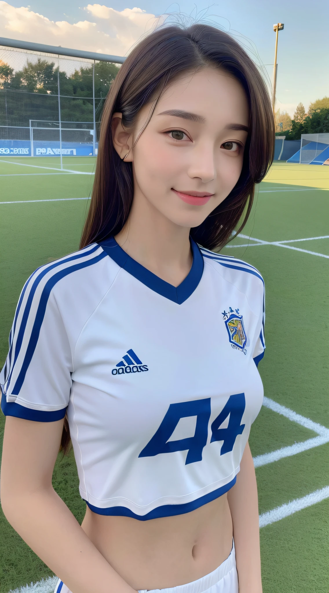 ((Best Quality, 8K, Masterpiece: 1.3)), 1girl, Slim Abs Beauty: 1.3, (Casual hairstyle, No big breasts: 1.2), Football Sportswear: 1.1, Super fine face, Delicate eyes, Double eyelids, smile, Soccer field
