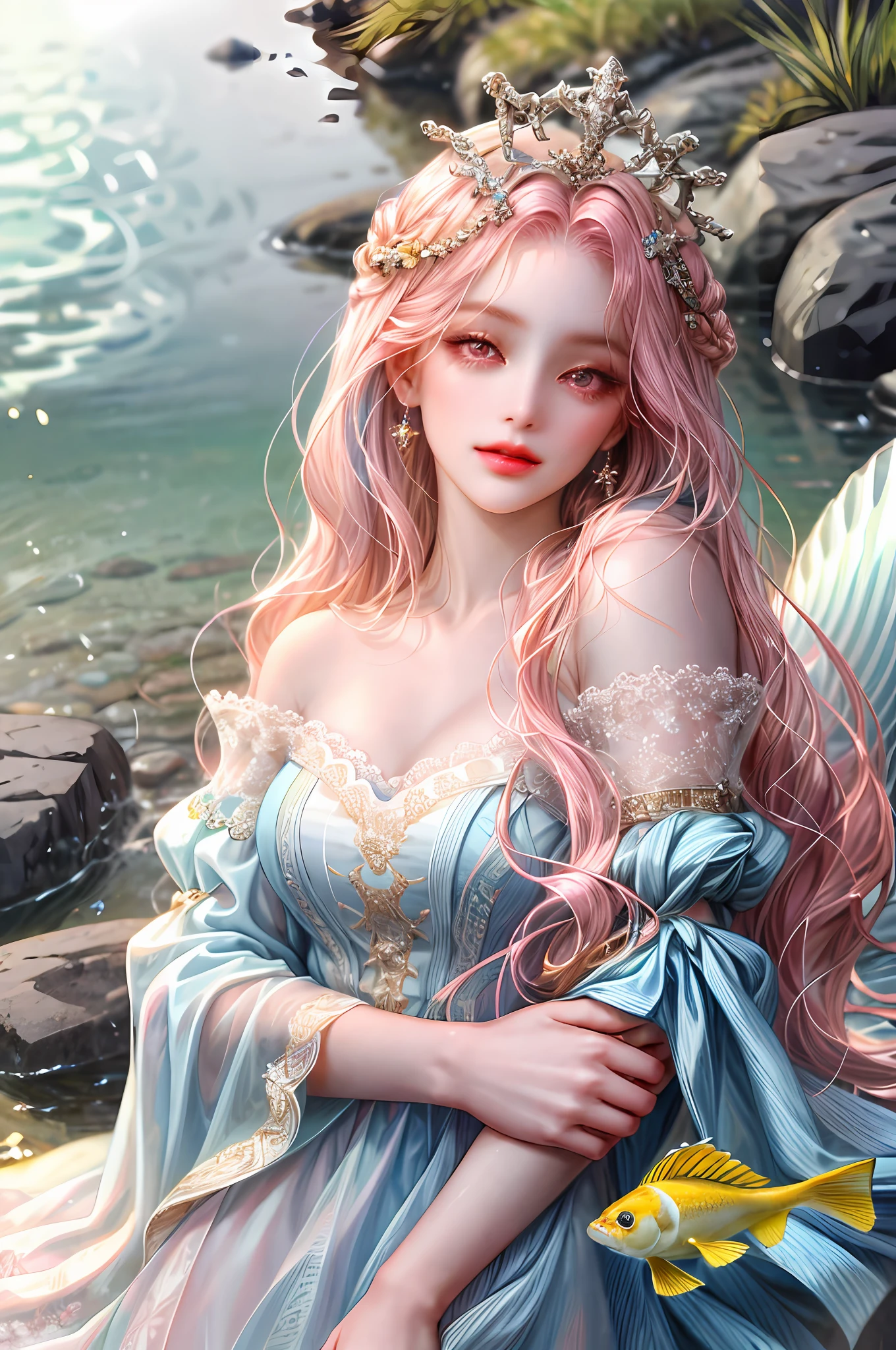( High quality , ultra detailed, careful with hand )Zodiac - Pisces goddess , similar to latin goodness . Sensible, placid, easygoing warm-hearted face . Dreamy, obsessive, restless, lack of self-confidence. style . Dark pink eyes (eyes detail) , light pink hair , long wavy hair, transparent dress , in the river with two fishes , whole body , light make up look .fish goddess.