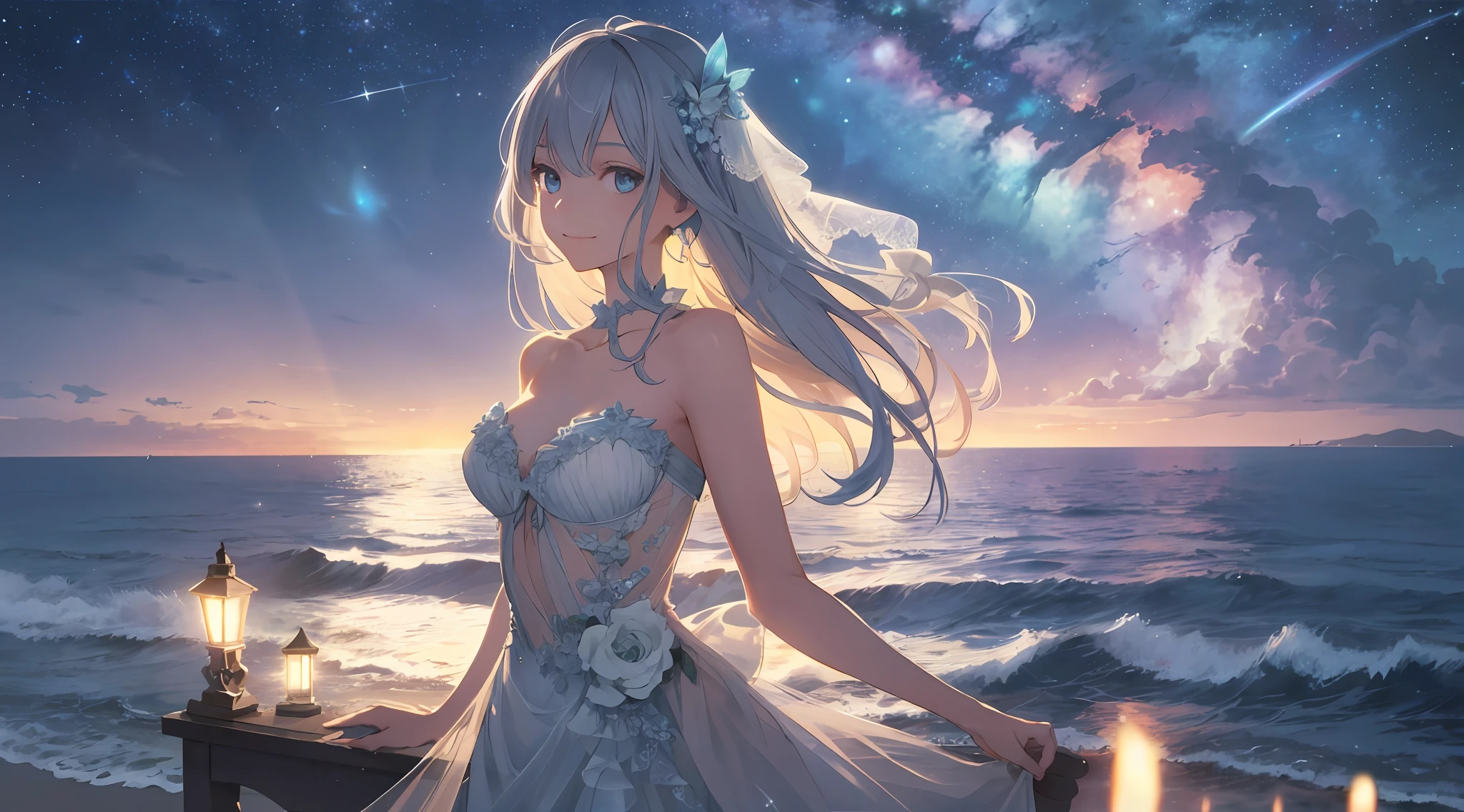 (Best Quality: 1.5), (Ultra Detail: 1.5), (Best Quality Photo: 1.5), One white lighthouse standing on the cape, the ocean as far as the eye can see, horizon, pitch black sea, full moon night, rainbow, late night, scenic beauty, beautiful landscape, galaxy, nebula, full of stars, light particles, very delicate and beautiful, very detailed, bioluminescence, cinematic light, mysterious, cinematic angle, 8k resolution, elegant, perfect, smooth, beautiful girl looking far away, very cute, smile, (delicate and beautiful eyes: 1.2), (girl: 1.5),lace,ribbon,strapless,luxury accessories