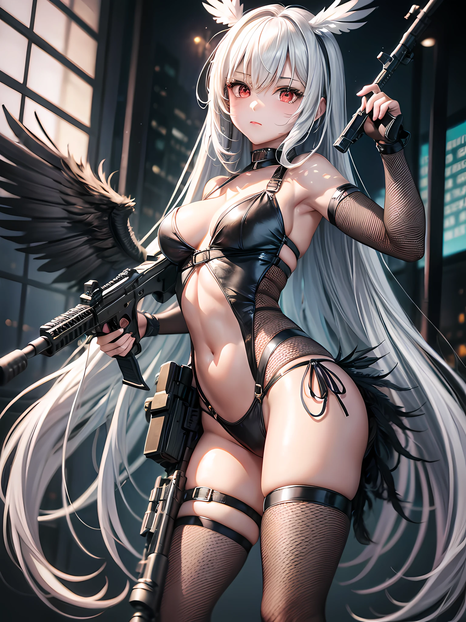 1 girl, ault rifle, bangs, breleavage, wings, fishnet leg suit, fishing net, gun, hair between eyes, holding a gun, long white hair, looking at the audience, red eyes, (rifle), solo, thighs, very long hair, weapon, wings, 8k resolution, light and shadow, high detail, small breasts, slender wirly, (dynamic pose).