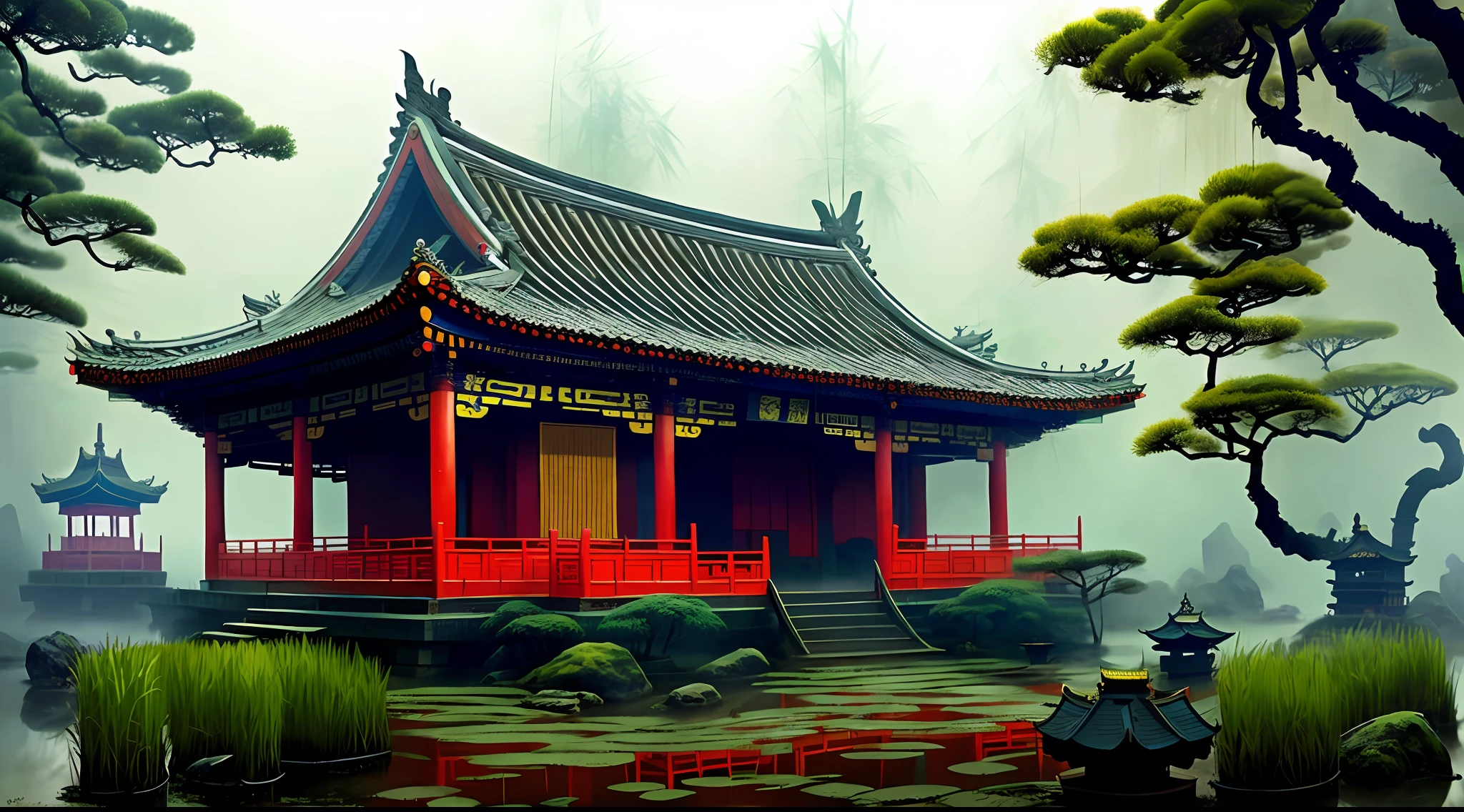 a traditional chinese temple in the bamboo forest, stefan koidl inspired, bussiere rutkowski andreas rocha, by maxim verehin, inspired by maxim verehin, inspired by Tomasz Jedruszek, inspired by Golden Pavilion, dark cinematic concept art, eerie nostalgic concept art, inspired by Igor Kieryluk, inspired by Ismail Inceoglu,