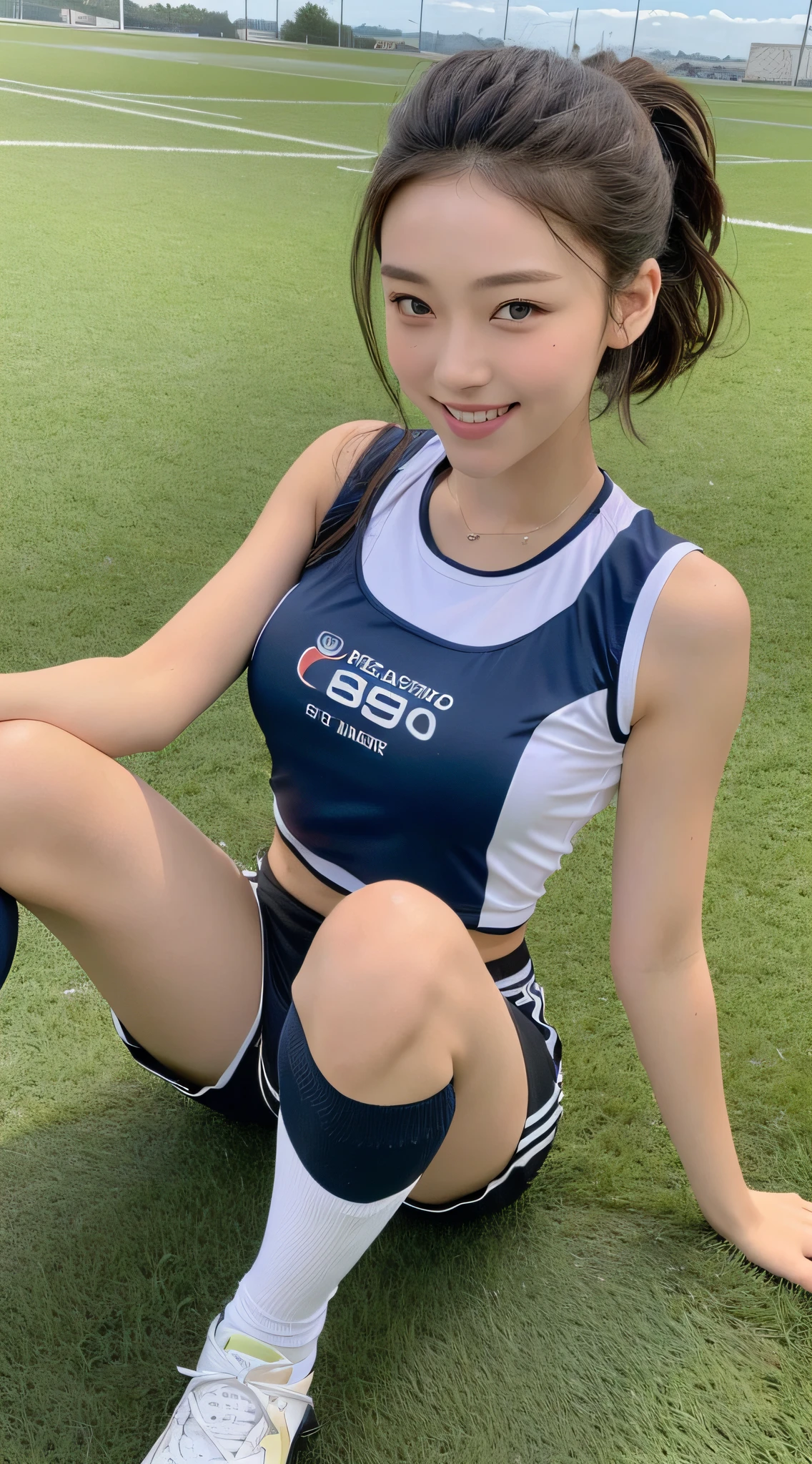 ((Best Quality, 8K, Masterpiece: 1.3)), 1girl, Slim Abs Beauty: 1.3, (Casual hairstyle, Medium: 1.2), Soccer Vest: 1.2, Soccer Sports Shorts: 1.2, Super Fine Face, Fine Eyes, Double Eyelids, Smiling, Soccer Field, Playing Soccer, Full Body Photo: 1.3