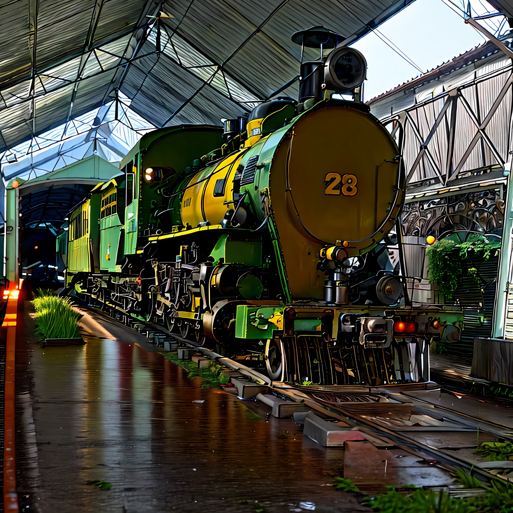 there is a train that is sitting on the tracks in a building, train, prota and yellow locomotive, steam train, gothic locomotive, large engine, railroads, steam engine, trains, steam trains, platform, choo choo, train station, on display, photo taken in 1970, backyard, preserved historic, portrait of a large, extremely intricate, huge scale