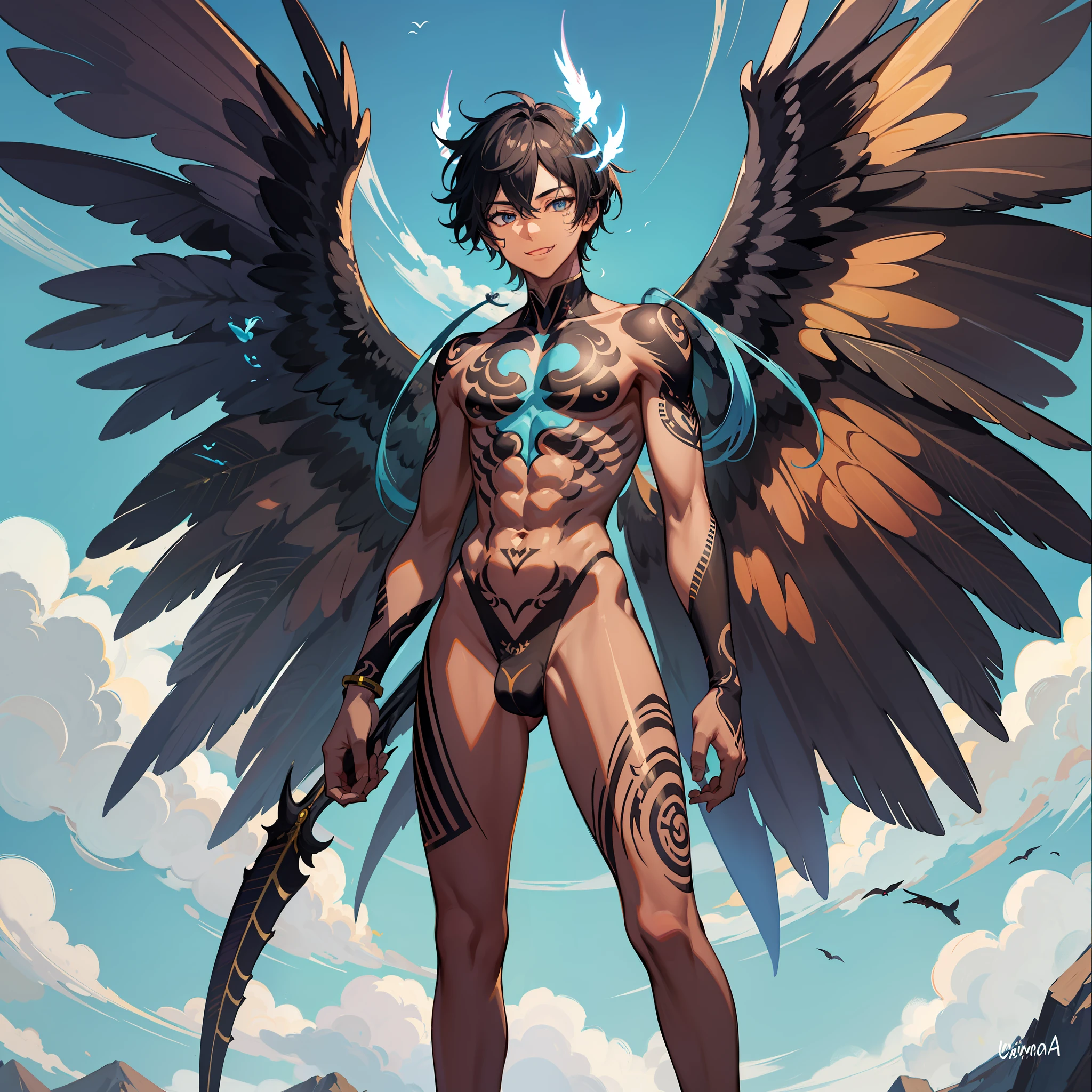 HD, High Quality, UHD, retina, ccurate, anatomically correct, super detail, high details, panorama, boy with wings, full body, barefoot, dark skin, full body tattoo, tattoo, tattoo, full tattoo, tong, erection, pubic hair, clouds, sun, clean blue sky, smile, panorama,