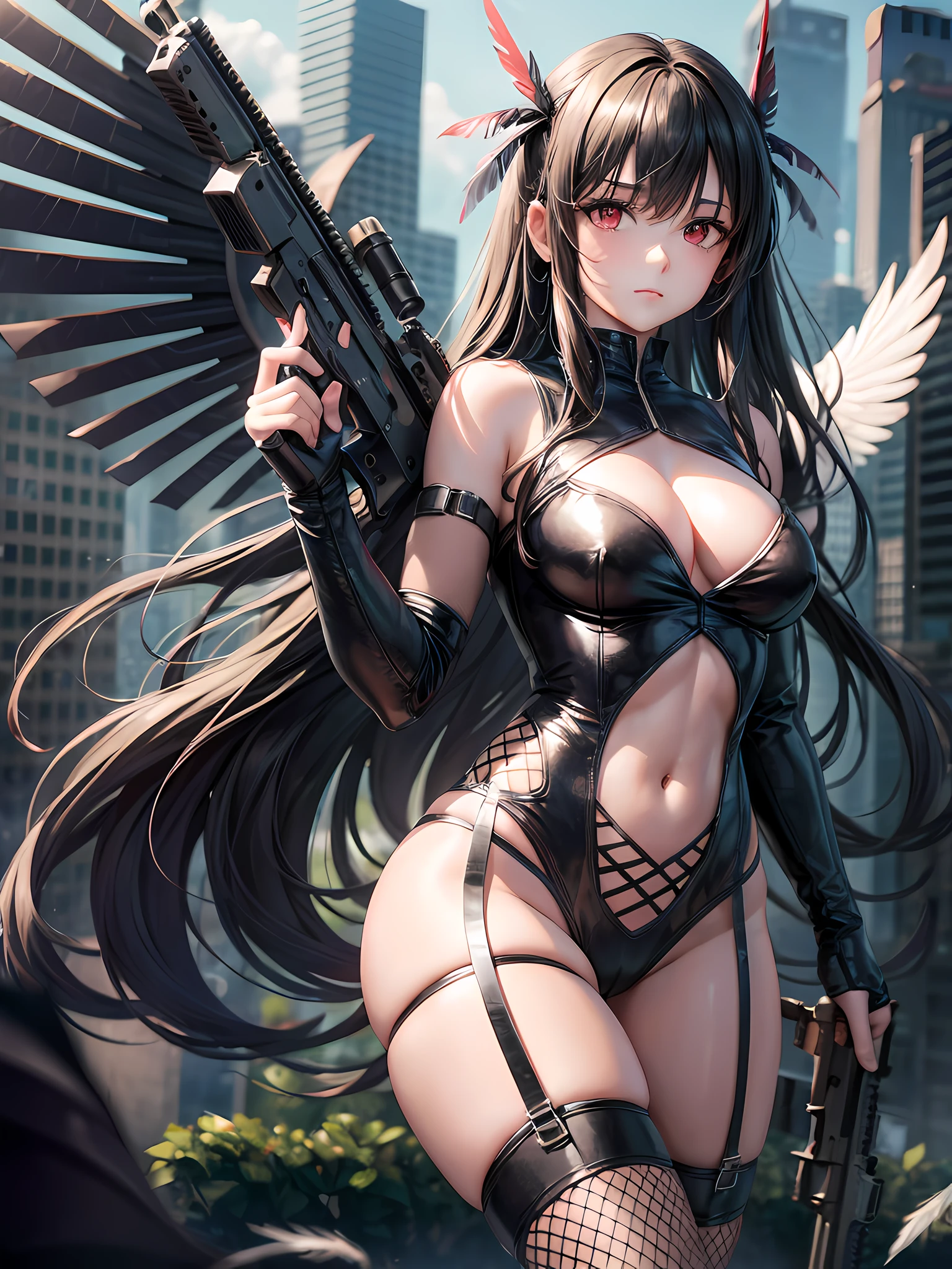 1 girl, assault rifle, bangs, breasts, cleavage, feather wings, fishnet leg suit, fishing net, gun, hair between eyes, holding a gun, long white hair, looking at the audience, red eyes, (rifle), solo, thighs, very long hair, weapon, wings, 8k resolution, light and shadow, high detail, small breasts, slender waist, girly, (dynamic pose).