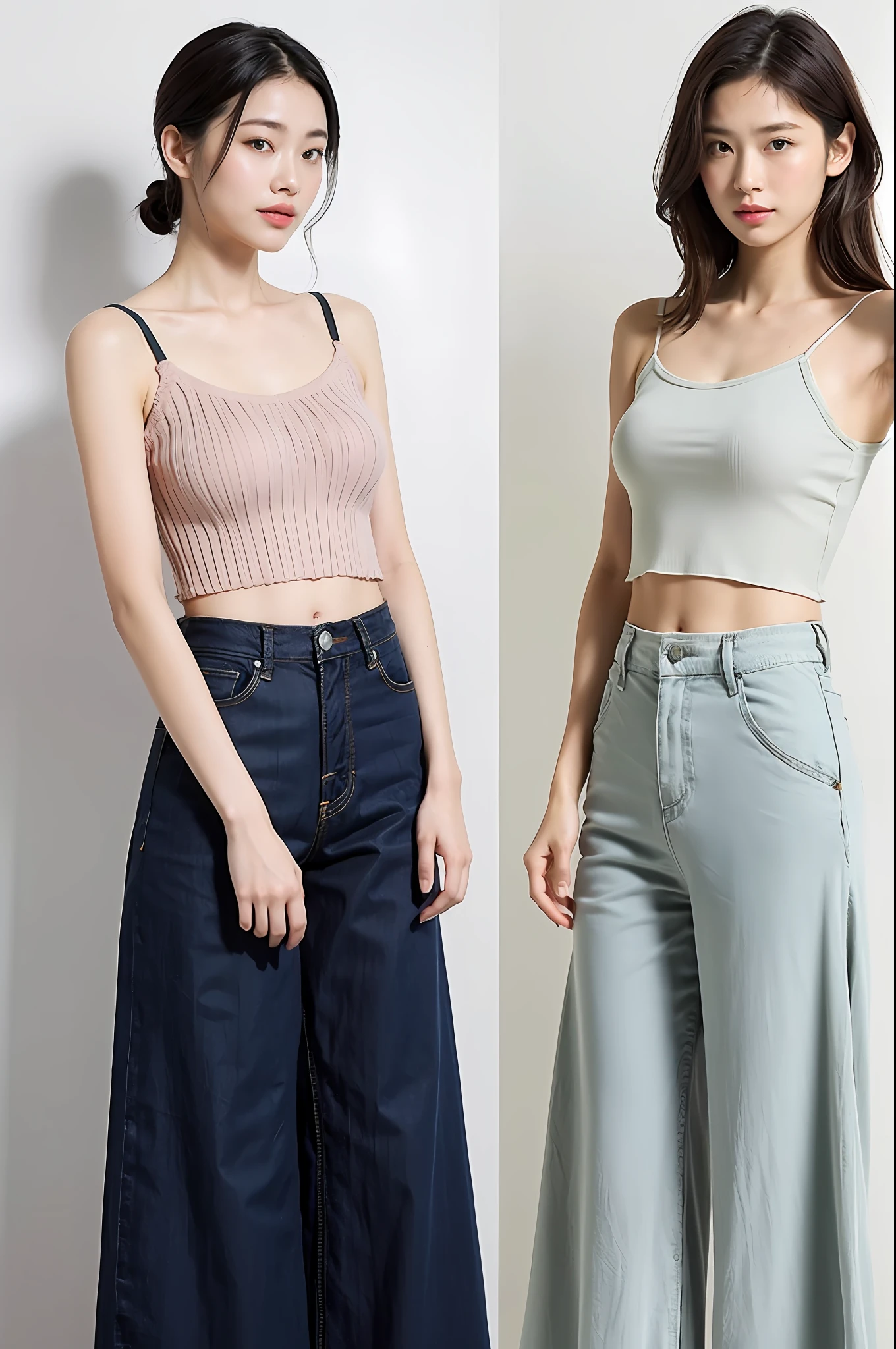 3. Knitted camisole top and wide-leg pants
If you're a girl who likes to take on challenges, this knitted camisole top paired with loose wide-leg pants might be a great choice! Although it looks very simple, it can showcase a unique temperament that sets you apart from others. Not only does it look elegant and delicate, but it also gives off a friendly vibe.