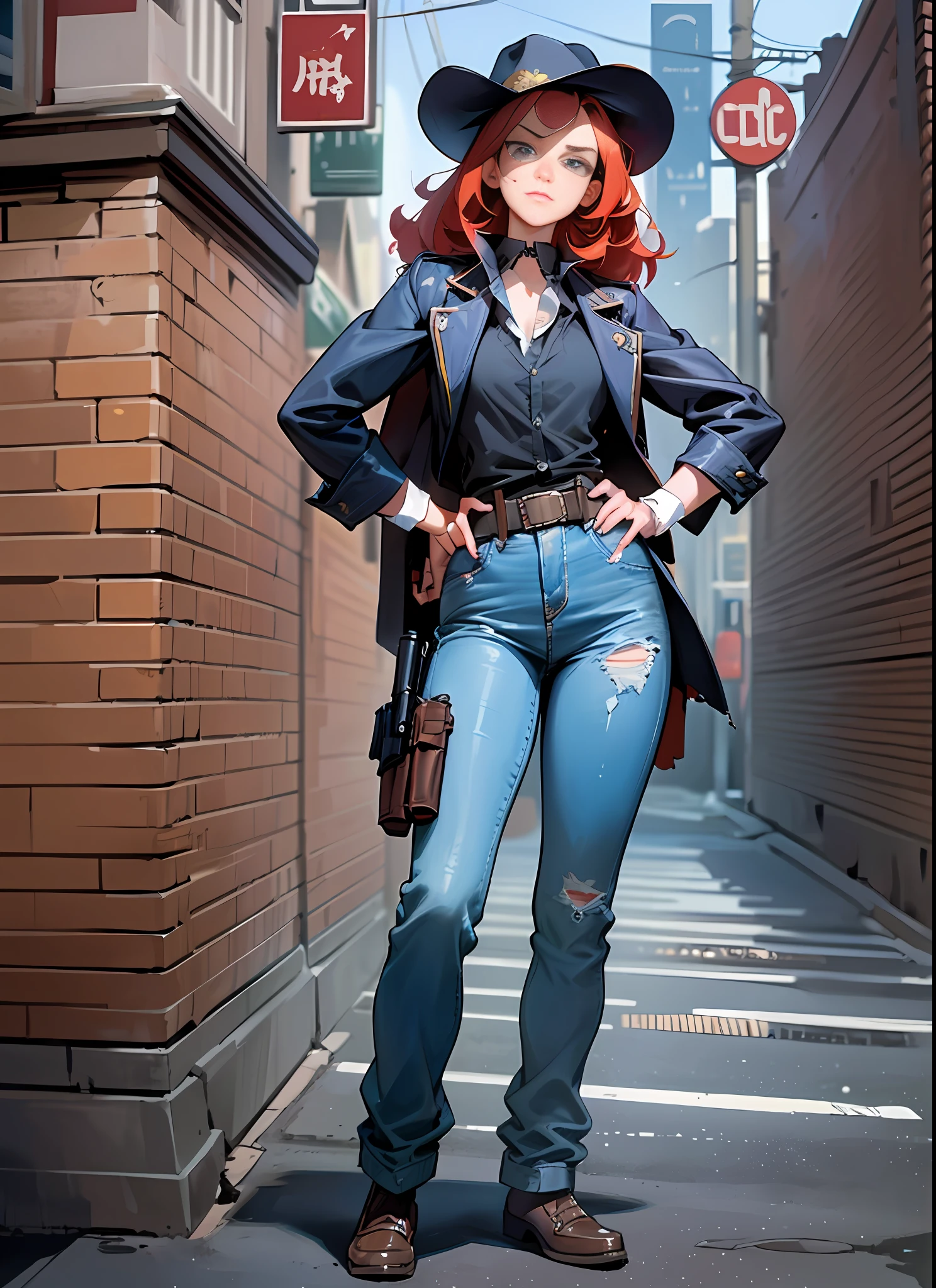 Super Realistic, 8k, Masterpiece, High Definition, Cinematic, 1950s Western, Movie Poster, Beauty With Handgun Holster Slung to Her Hip, Gunman, Sheriff, Red-Haired Caucasian Girl, 16 Years Old, Slender, Calamity Jane, Sheriff Batch, Teng-gallon Hat, Small, Torn Jacket, Torn Pants, Confronting Villains, Colt in Hip Holster, (Title ), impressive lighting, 3d rendering, western street corner