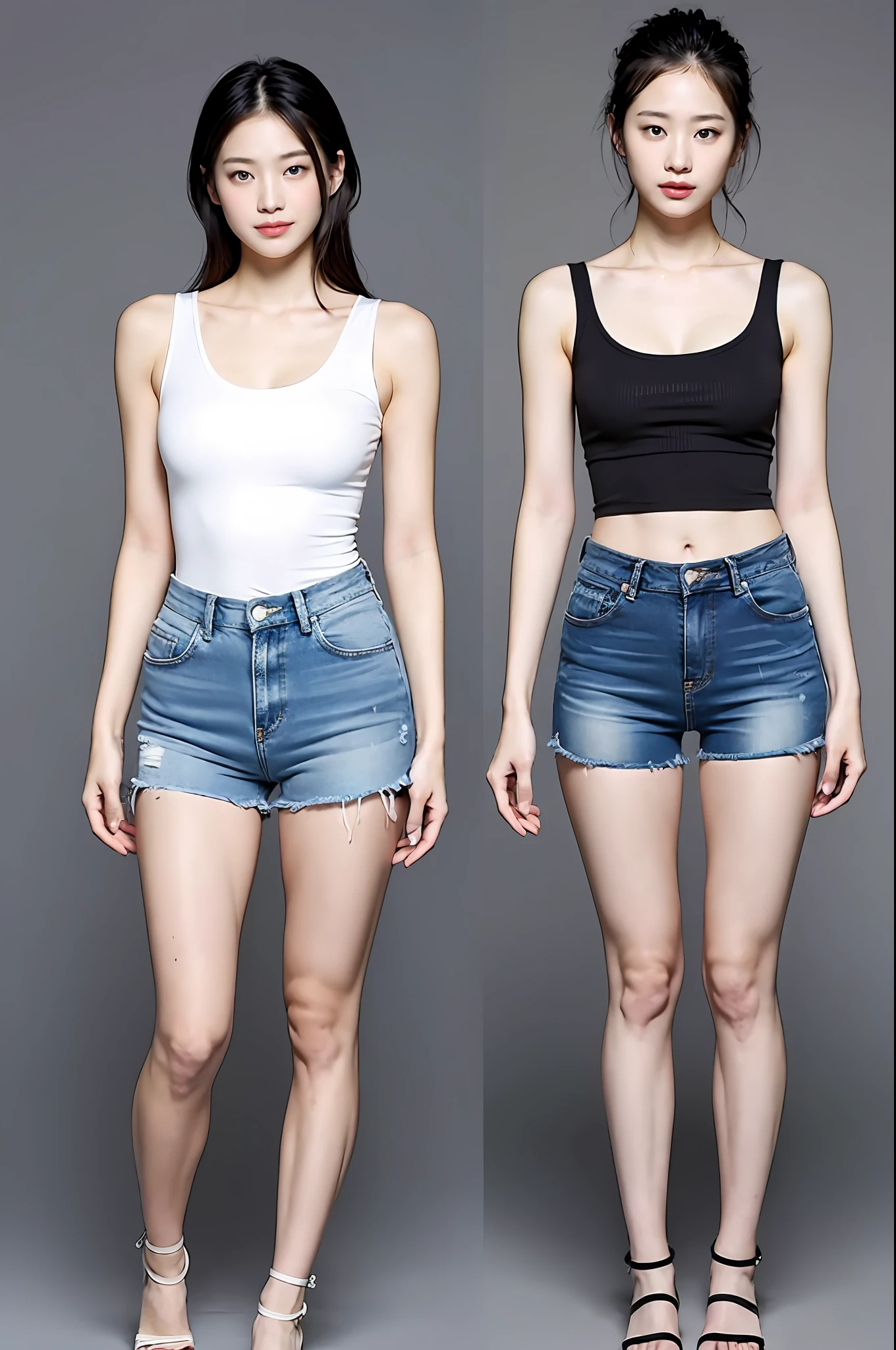 2. Tank top + high-waisted denim shorts
If you prefer a simple and neat style, then this combination of tank top and high-waisted denim shorts is your go-to choice. The tank top can enhance the curves of women, while its open design can better showcase your beauty. Paired with a comfortable pair of sandals, you can exude your unique fashion and personality!