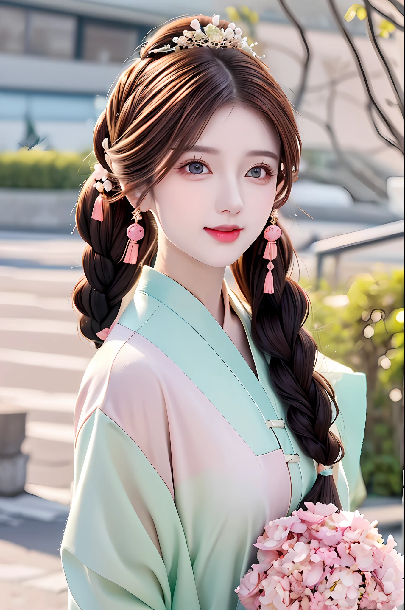 Masterpiece Superb Night Full Moon 1 Female Mature Chinese Style Ancient Chinese Sister Royal Sister Smile Brown Hair Princess Cut Twist Twist Braid Double Pill Head Light Pink Lips, Calm, Intellectual, Middle Hair, Green Pupils, Hairpins, Hydrangeas,