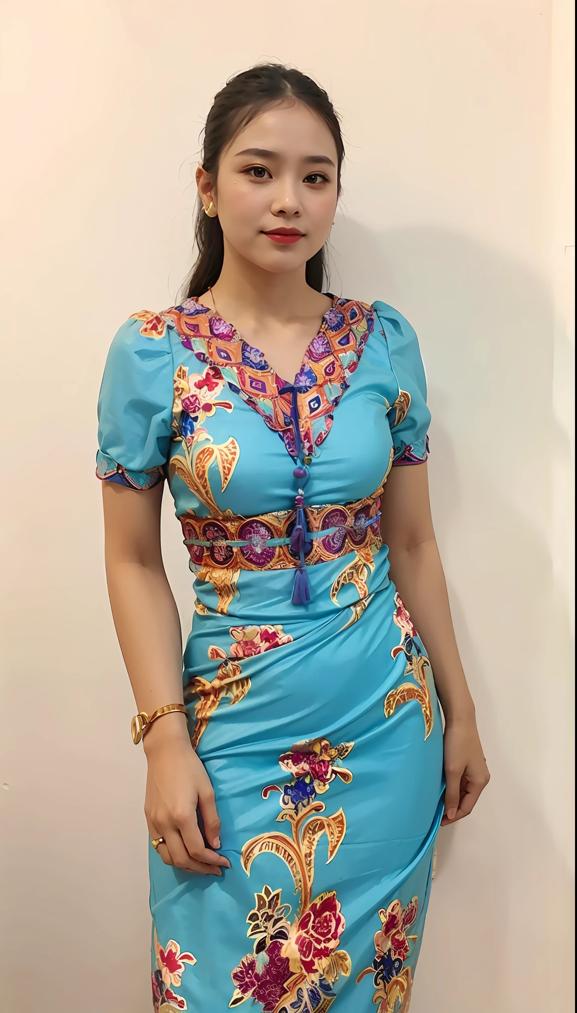 a woman in a blue dress standing against a wall, idian dress, batik, soft silk dress, vintage dress, cheongsam, ornate dress, detailed dress and face, full covered dress, blue colored traditional wear, gorgeous lady, traditional dress, colorful dress, woman in dress, sky - blue dress, traditional beauty, wearing dress, wearing an ornate outfit