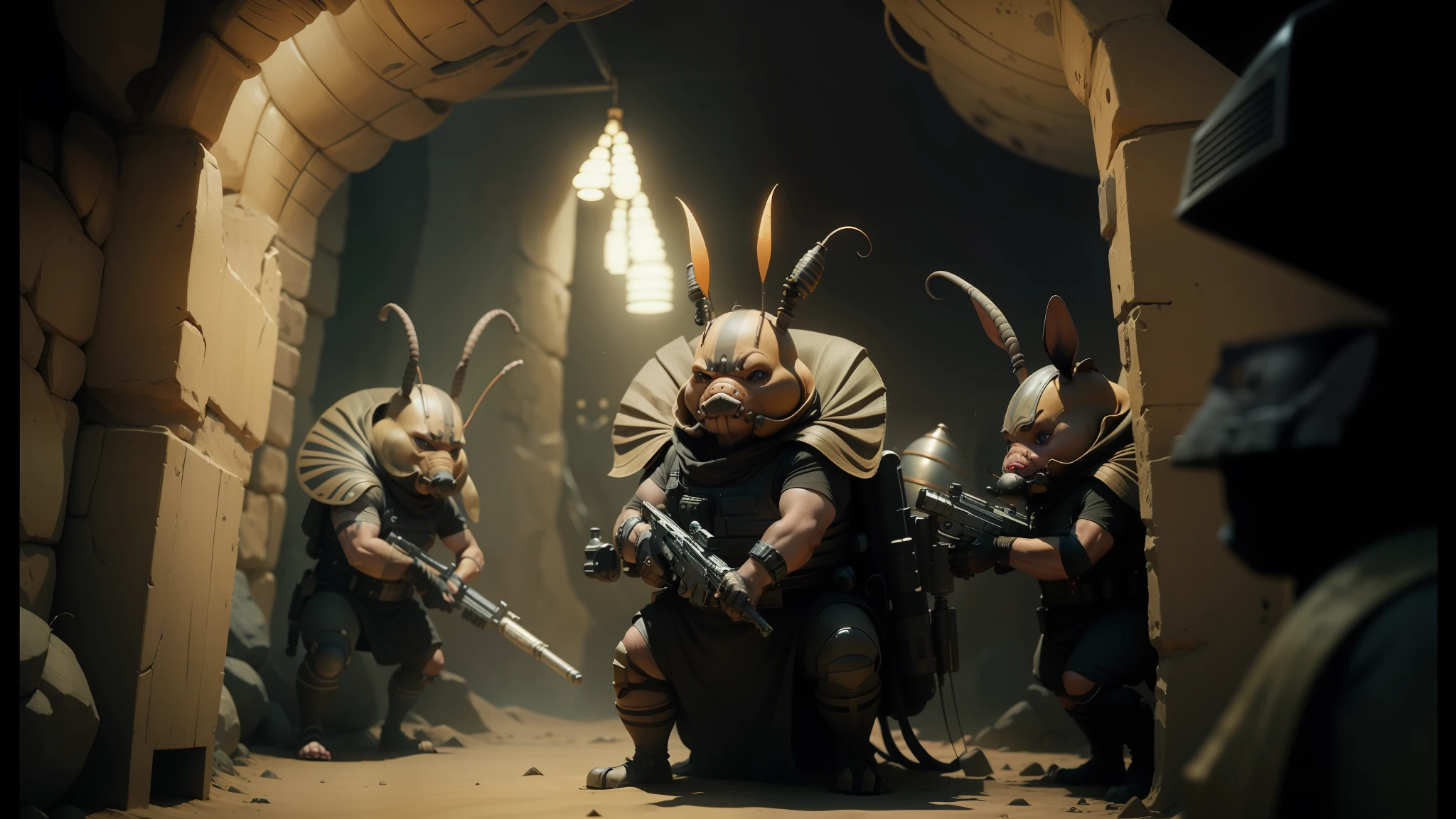 there are two bugs with antennae and a bug with a gun, dune still movie 2020, cute scary creatures everywhere, inca style, anthropomorphic warrior piglet, hardcore techno, british stopmotion, three dwarf brothers, rap battle, cgi --auto --s2