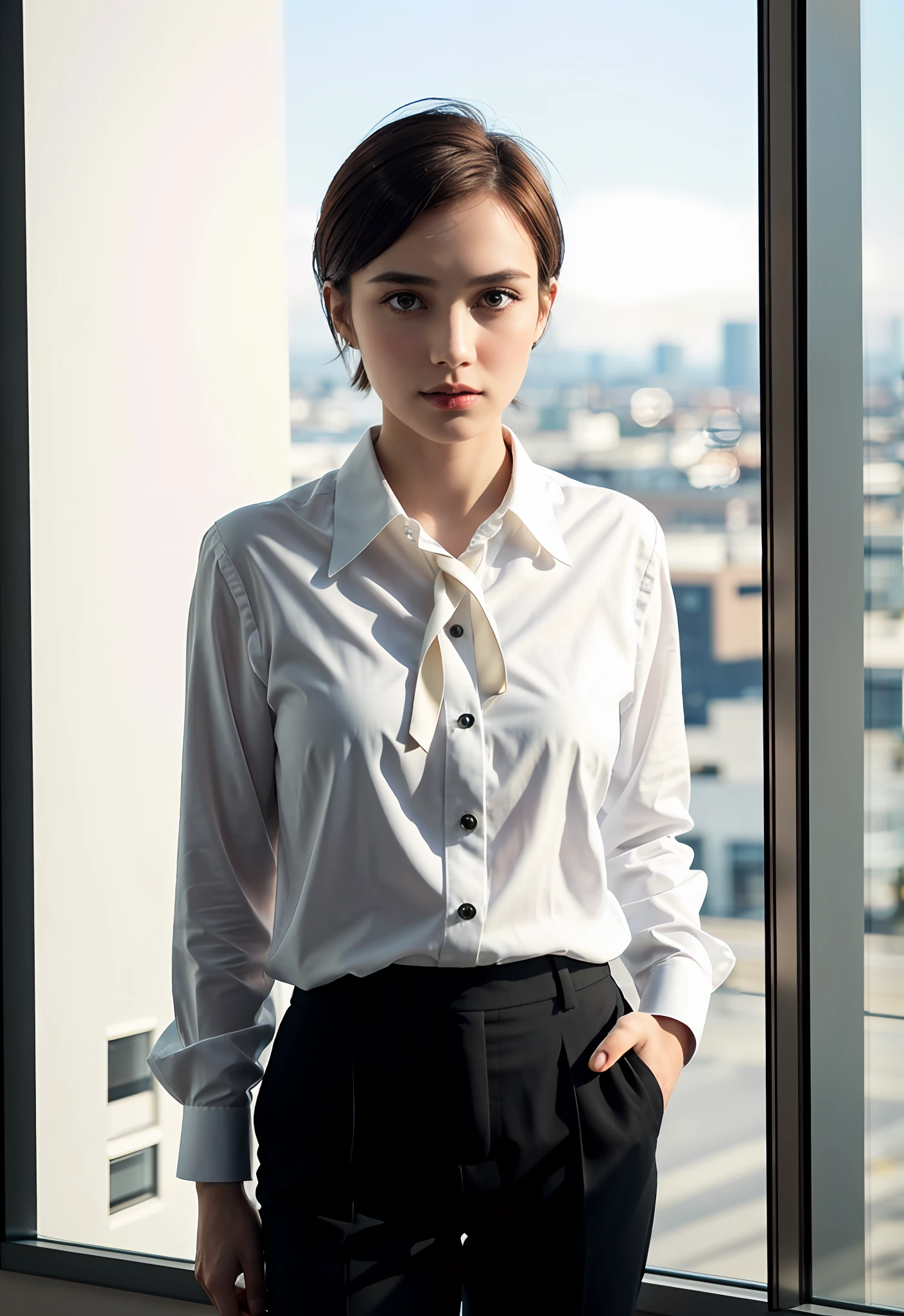 photo Kodachrome high angle , office man,European, low standing in a bright office near panaramic window, wearing white blouse and black pants, top button open, short hair and spiky, with locks, big and round eyes, arrogant look, arched back, best quality, ultra high resolution, photorealistic, masterpiece, pure_eros_face, defect, (acne:1.1),  135mm, nikkor, f2.8, bokeh