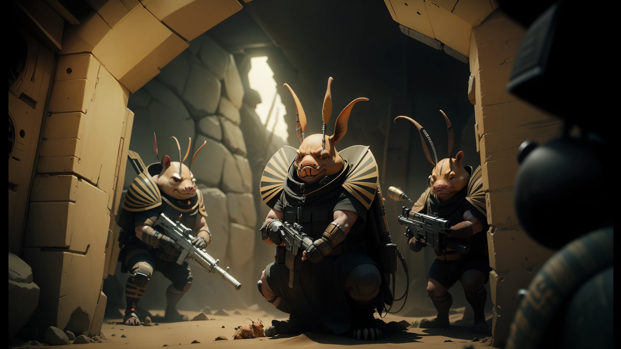 there are two bugs with antennae and a bug with a gun, dune still movie 2020, cute scary creatures everywhere, inca style, anthropomorphic warrior piglet, hardcore techno, british stopmotion, three dwarf brothers, rap battle, cgi --auto --s2