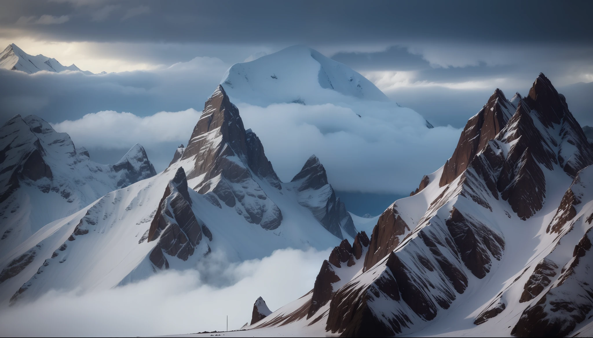 (strong contrast, dramatic lighting) mountain, snowy peaks, rugged terrain, expansive view, (ominous clouds, hint of danger), crisp air, (solitude, peacefulness, zen), serene landscape
