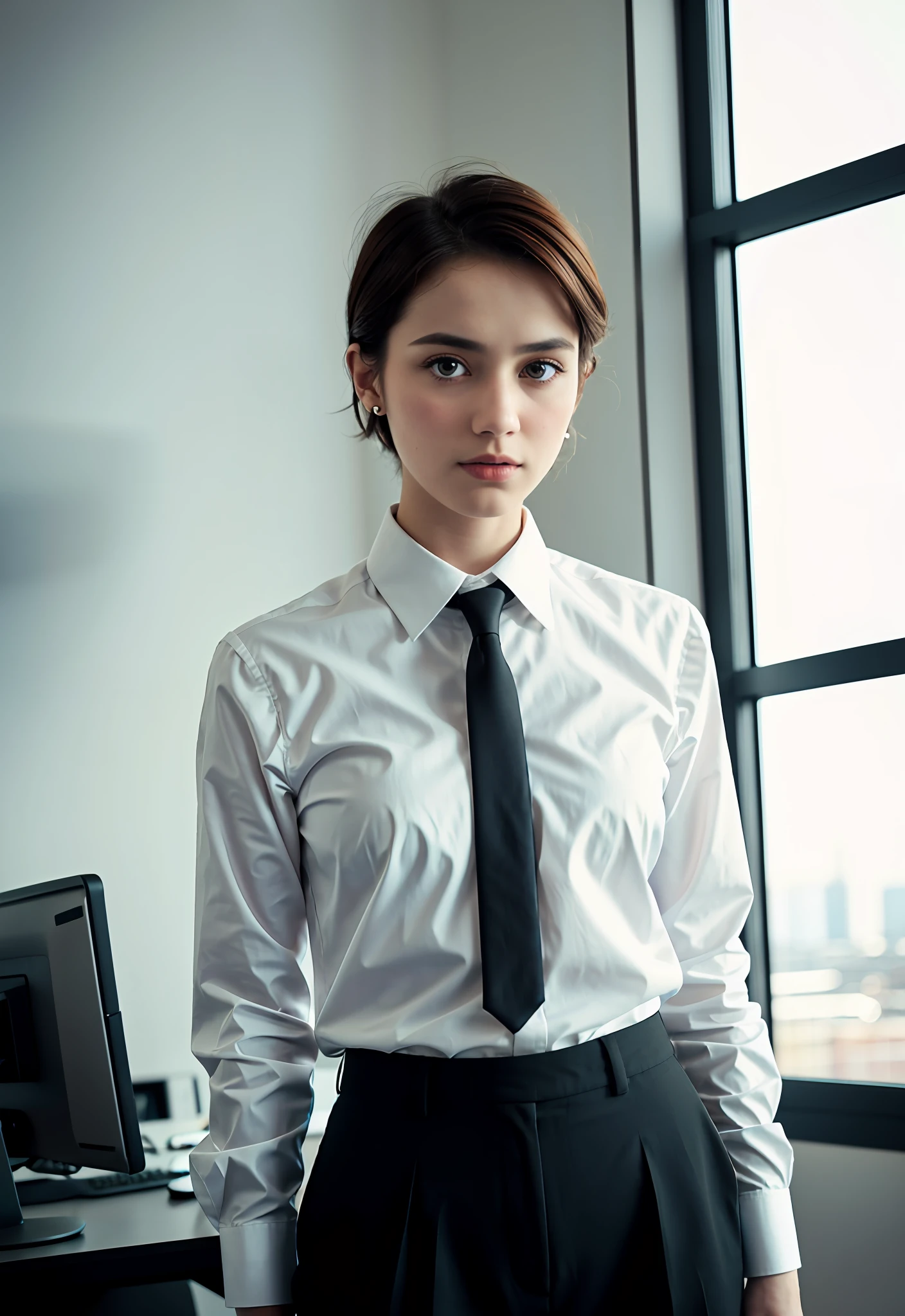 photo Kodachrome high angle , office man,European, low standing in a bright office near panaramic window, wearing white blouse and black pants, top button open, short hair and spiky, with locks, big and round eyes, arrogant look, arched back, best quality, ultra high resolution, photorealistic, masterpiece, pure_eros_face, defect, (acne:1.1), 135mm, nikkor, f2.8, bokeh