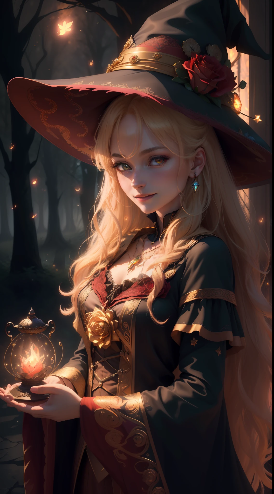 (extremely detailed CG unity 8k wallpaper, masterpiece, best quality, ultra-detailed), (an enchanting and captivating girl with a majestic witch hat, adorned with resplendent golden hair and a bewitching red rose), looking at viewer, (upper body:1.3), (dynamic angle, dazzling eyes, exquisite necklace, enchanting smile), (a background of magic and mystery, fireflies, glowing particles, ethereal mist, and a touch of darkness), high saturation, cinematic light, rim lighting, best shadow