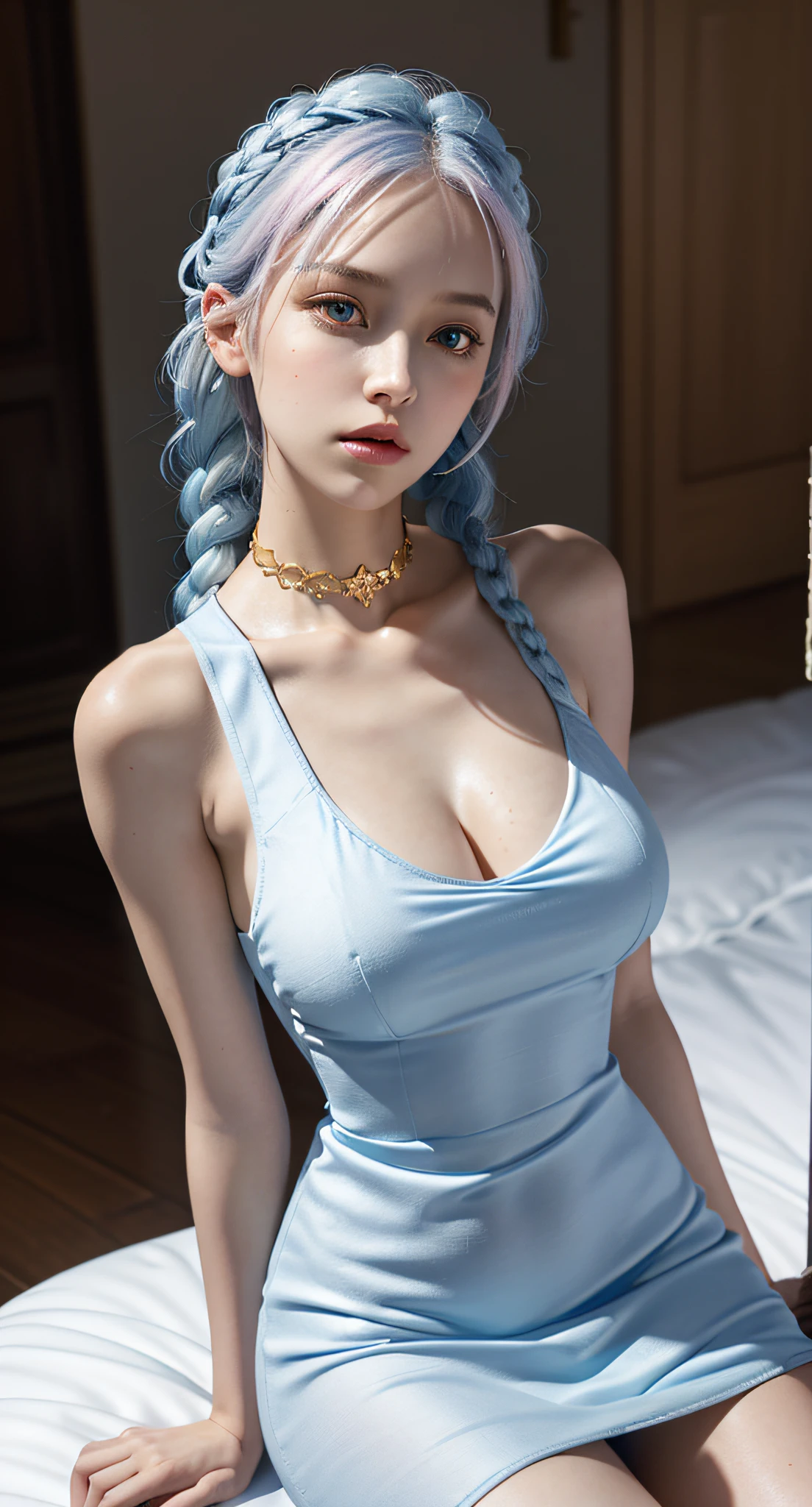 16K, Best Quality, Best, Masterpiece, Blue and White Hair, Golden Eyes, Light Pink Body Dress, Looking Up, Hair, Fair Skin, Side Braids, Big Breasts, Thin Waist, Long Legs, Seated, Stand Up Collar Tight Dress,