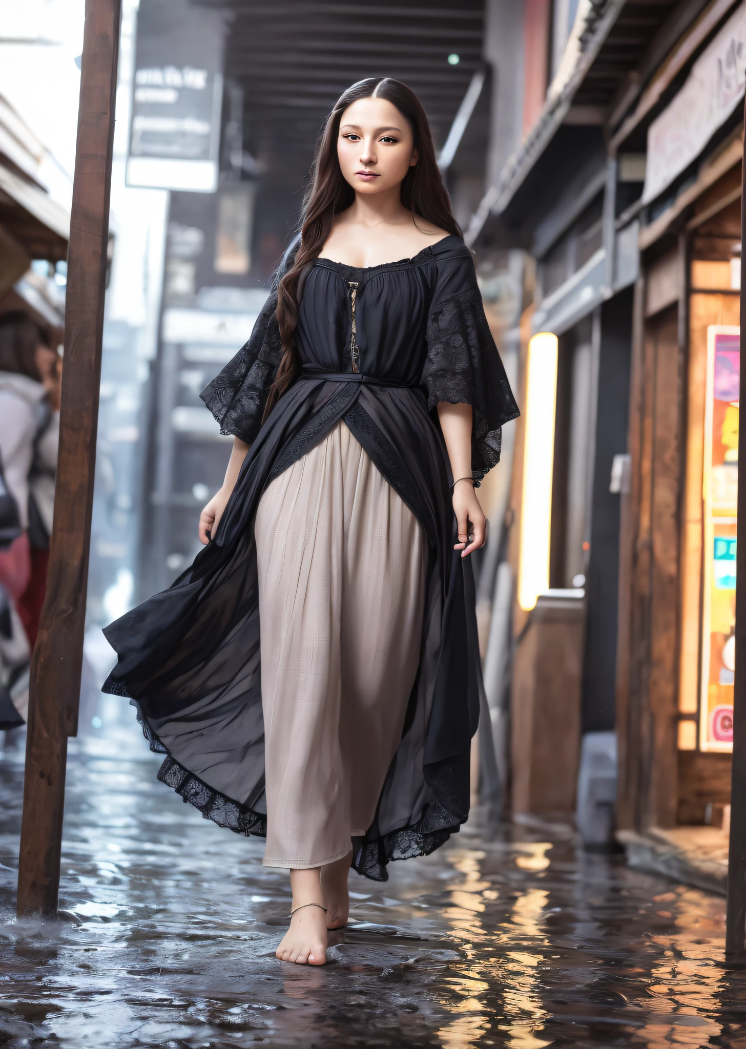 Mona Lisa and an alternative man walking in wet market, gentle expression, full body portrait, barefoot, light streaks falling from the sky, masterpiece, highest quality, high quality, highly detailed CG unit 8k wallpaper, award winning photo, bokeh, depth of field, HDR, flood, chromatic aberration, realistic, very detailed, art station trend, CGsociety trend, complex, high detail, dramatic, midway art, volumetric lighting