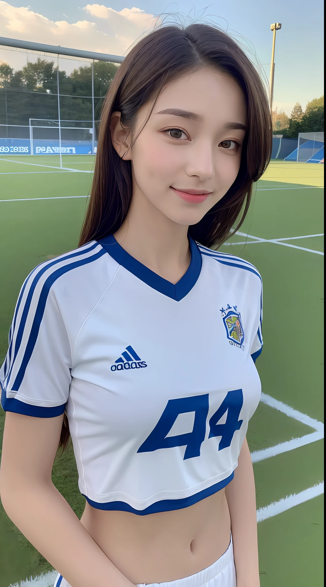 ((Best Quality, 8K, Masterpiece: 1.3)), 1girl, Slim Abs Beauty: 1.3, (Casual hairstyle, No big breasts: 1.2), Football Sportswear: 1.1, Super fine face, Delicate eyes, Double eyelids, smile, Soccer field
