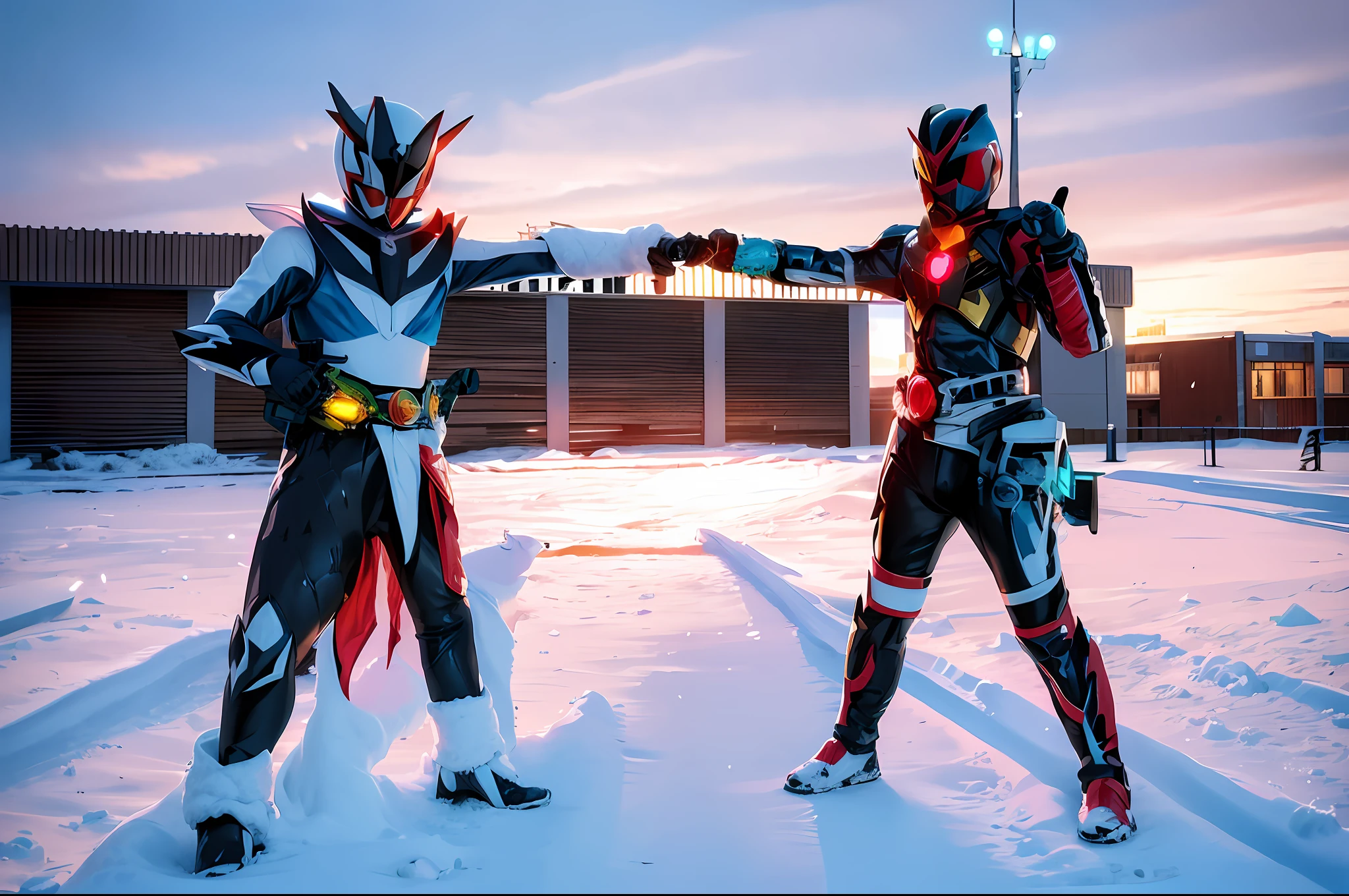 there are two people dressed up in costumes standing in the snow, fourze, kamen rider action pose, facing off in a duel, high fantasy kamen rider, heroically battle posing, battle action pose, hidari and vlop, kamen rider character, kamen rider ghost, kamen rider, medium shot of two characters, gurren lagan, cosplay photo, battle action shot