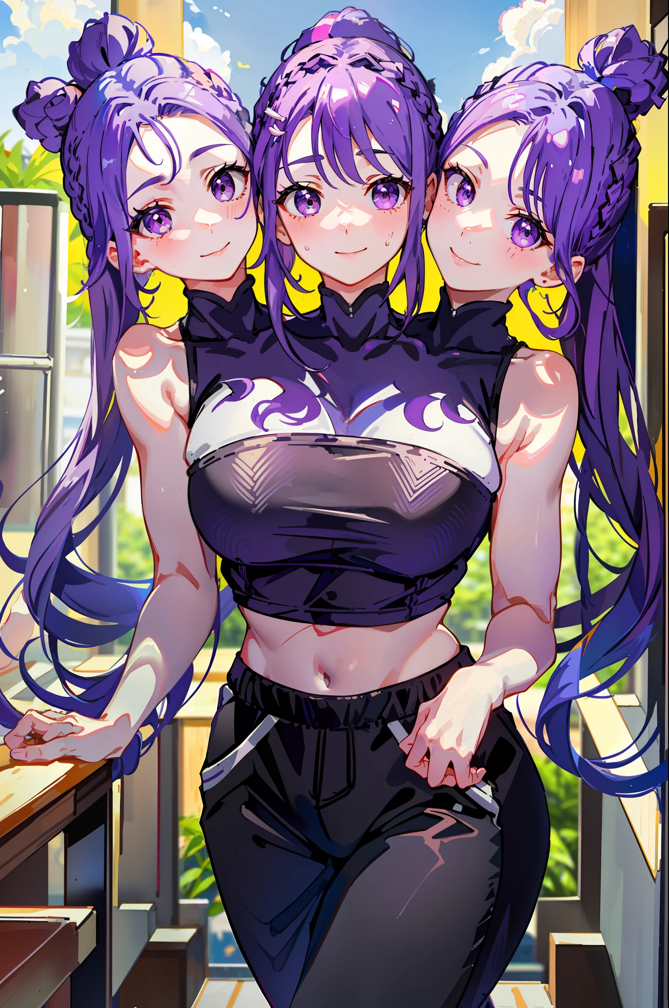 3heads, best quality, masterpiece
3 girls, purple hair, identical hair color, same eye color, necks side by side, necks evenky spaced on shoulders, smiling, running, gym uniform, sweatpants, outdoors
((three heads, 3head):1.5)