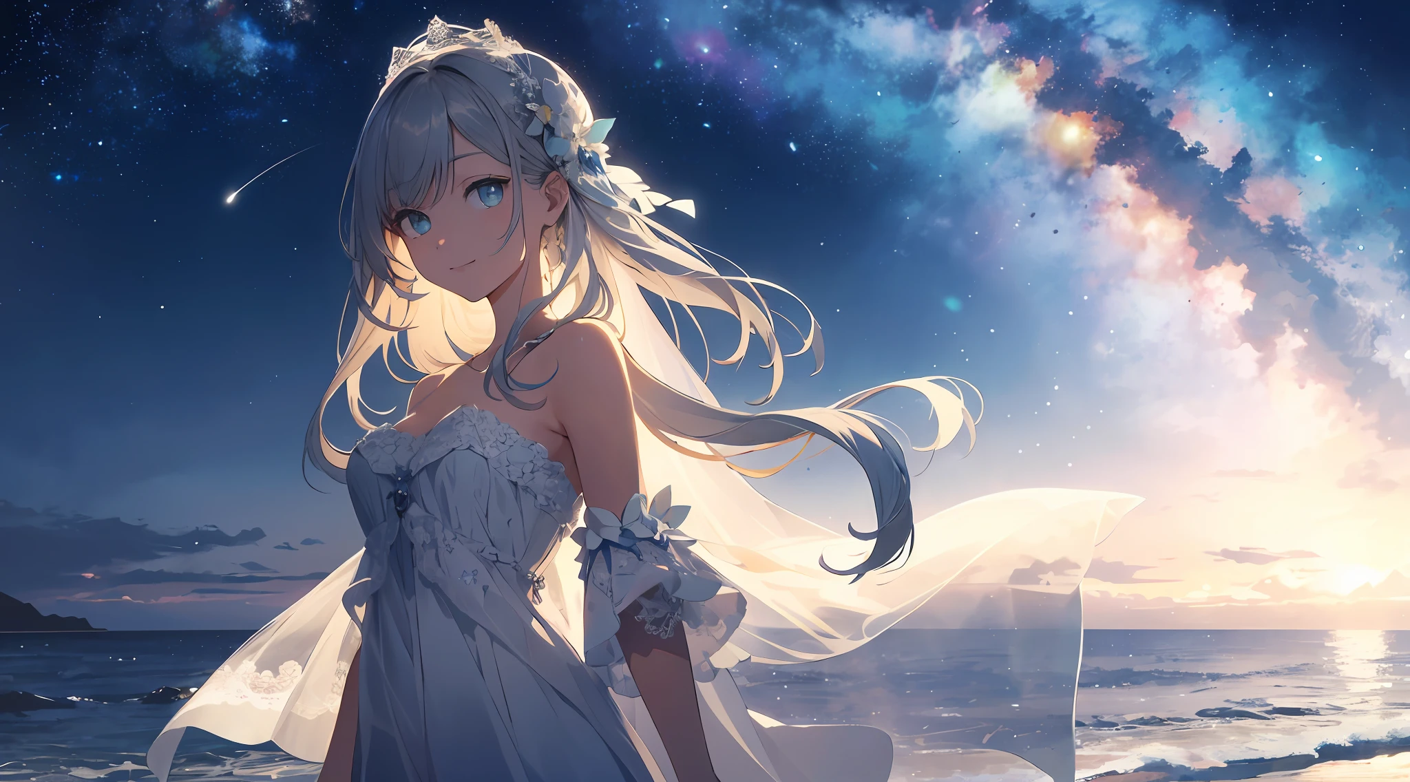 (Best Quality: 1.5), (Ultra Detail: 1.5), (Best Quality Photo: 1.5), One white lighthouse standing on the cape, the ocean as far as the eye can see, horizon, pitch black sea, full moon night, rainbow, late night, scenic beauty, beautiful landscape, galaxy, nebula, full of stars, light particles, very delicate and beautiful, very detailed, bioluminescence, cinematic light, mysterious, cinematic angle, 8k resolution, elegant, perfect, smooth, beautiful girl looking far away, very cute, smile, (delicate and beautiful eyes: 1.2), (girl: 1.5),lace,ribbon,strapless,luxurious ornaments