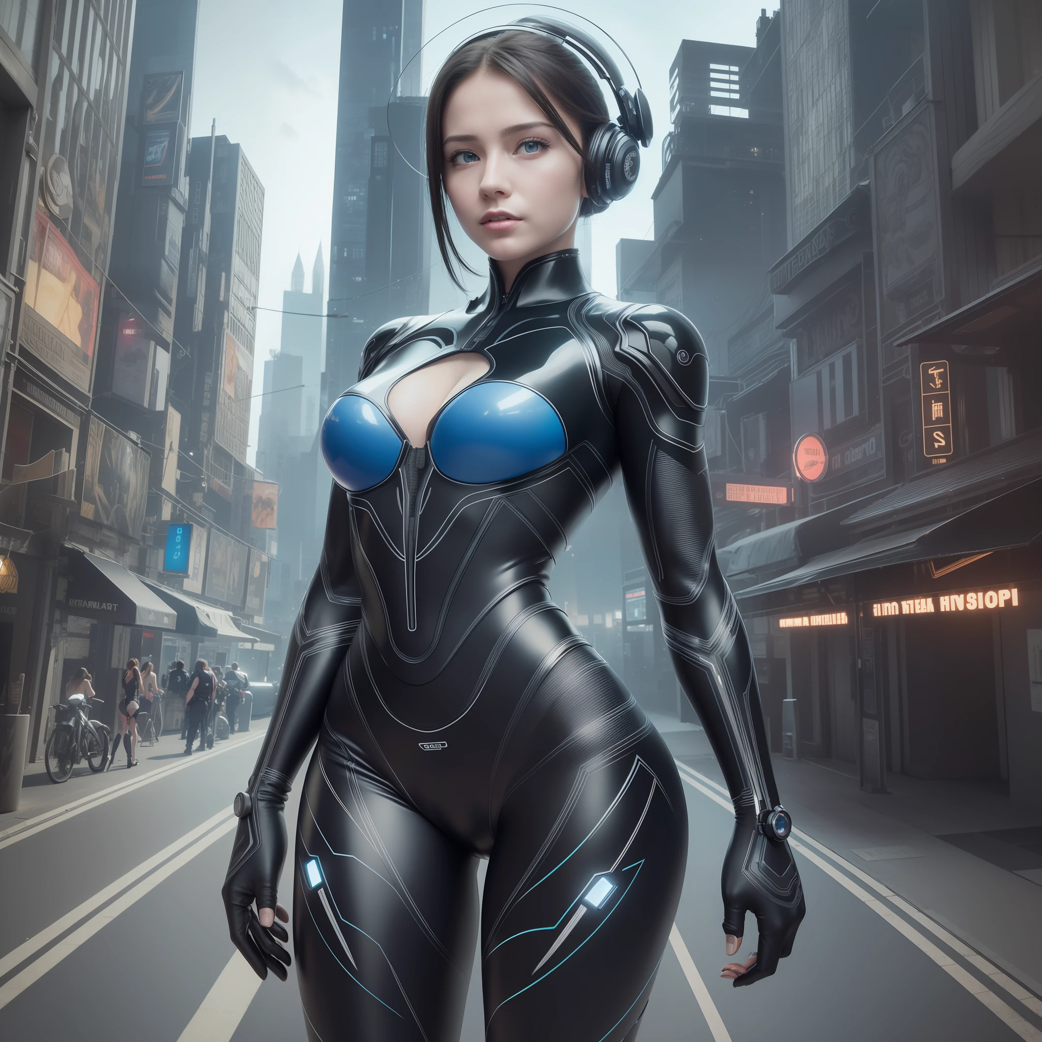 Complex 3D rendering ultra detailed beautiful porcelain profile female android face, black total lycra bodysuit, bright blue strip, cyborg, robot parts, robot arm, mechanic leg, viewer, 150mm, soft light, rim light, vivid details, gorgeous cyberpunk, race, surrealistic, anatomical, facial muscles, tight body, cable wire, microchip, elegant, beautiful background, octane rendering, HR giger style, 8k, best quality, masterpiece, illustration, very delicate and beautiful, very detailed,cg ,unity ,wallpaper, (realistic, photo-realistic:1.37),amazing, finedetail, masterpiece,best quality,official art , highly detailed CG unity 8k wallpaper, full body, smile, standing, sexy pose, small breasts, futuristic city, building, outdoor