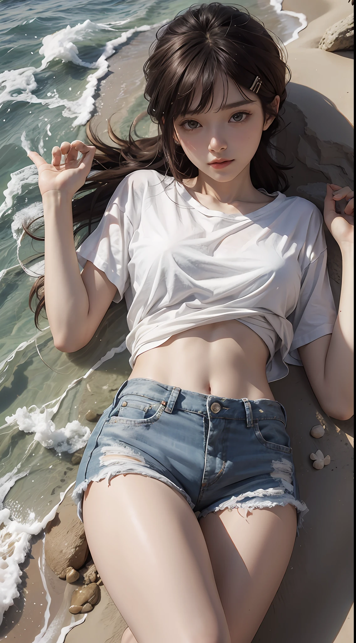 Beautiful feminine white T-shirt shorts fair and delicate skin on the beach hot action sultry