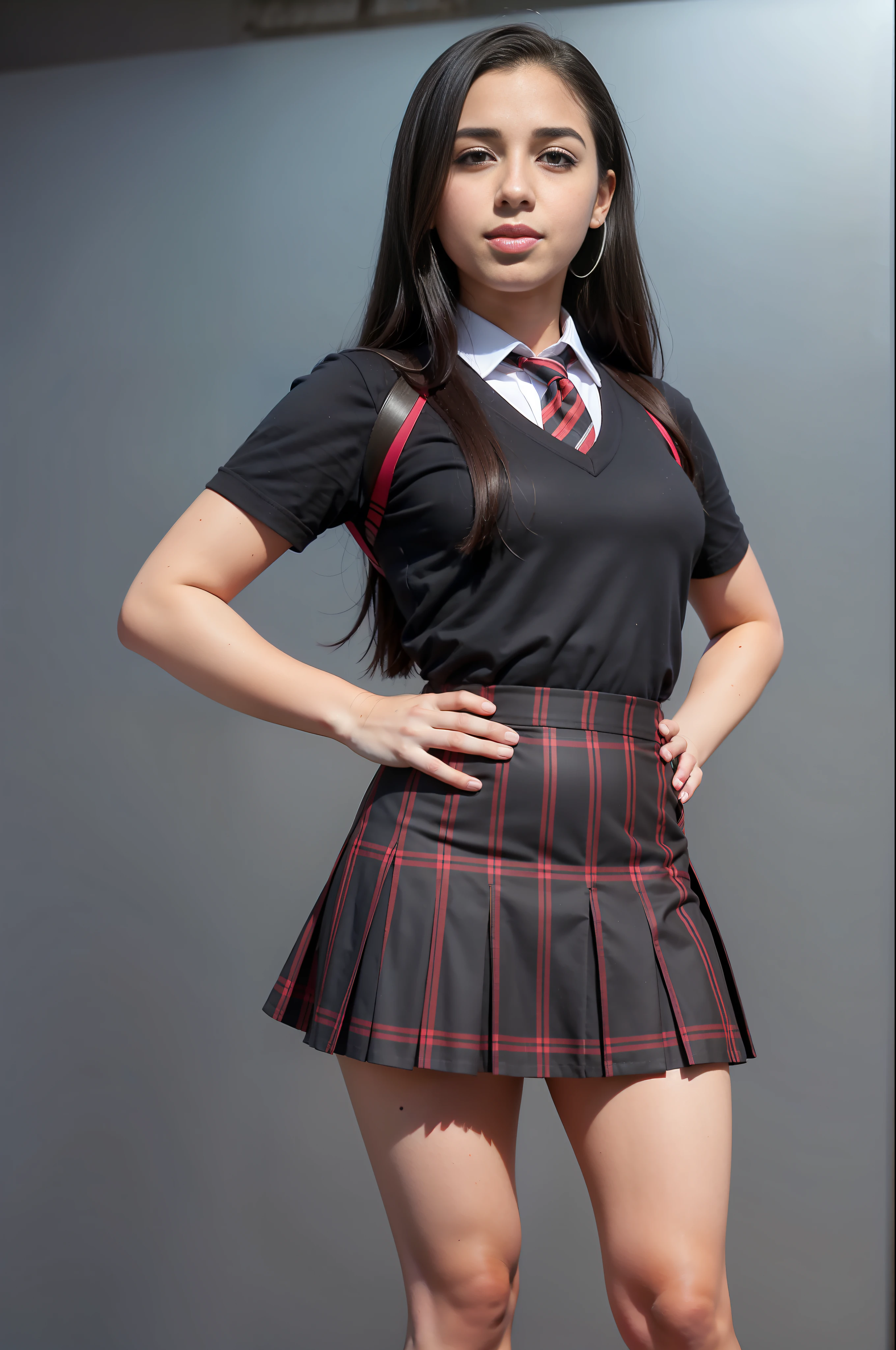 a Lauren jauregui feliz in a short skirt and red high heels, teenage female schoolwoman cuerpo proporcionado school girl, sexy petite teen girl, panoramic fondo negro view of girl, realistic schoolgirl, short skirt, detailed plaid miniskirt, wearing school uniform, school uniform, cute schoolgirl, dressed as schoolgirl, wearing headmistress uniform, plaid skirt, of a schoolgirl posing fondo negro