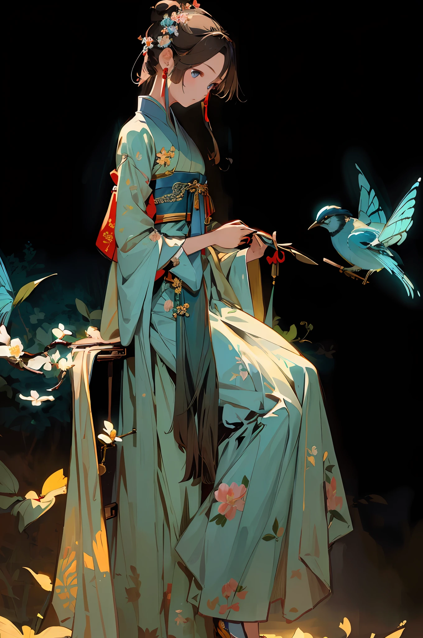 Masterpiece, high quality, highly detailed, (flat color),  (pixiv:1.4), Gongbi painting of the Song Dynasty, 1girl, solo, detailed beautiful face and eyes, china dress, detailed background, flowers, 
illustration, vivd color, cinematic lighting,