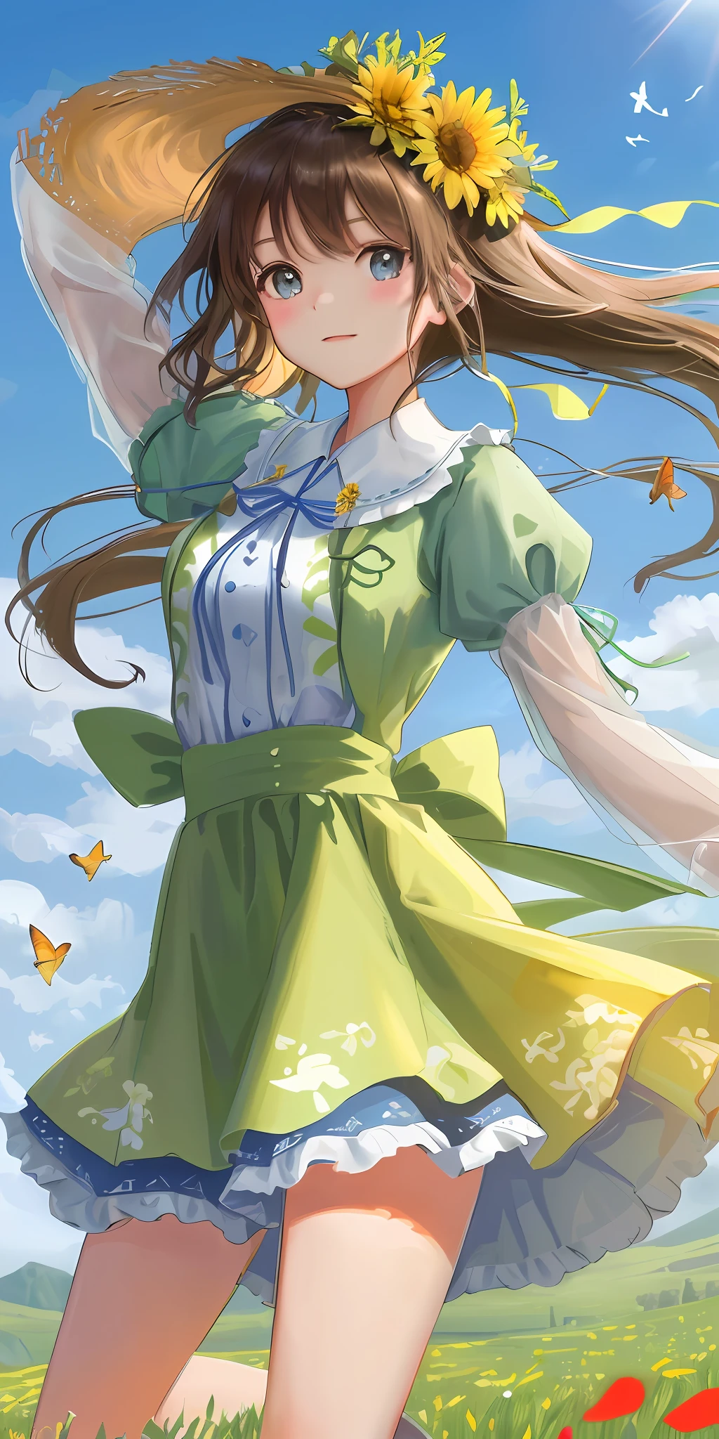 High Detail, Ultra Detail, Ultra High Resolution A cute and innocent girl is enjoying her time in an open field, surrounded by the beauty of nature, with the warm sun shining on her and wild flowers swaying gently in the breeze. Butterflies and birds flutter around her, adding to the playful atmosphere, --v6