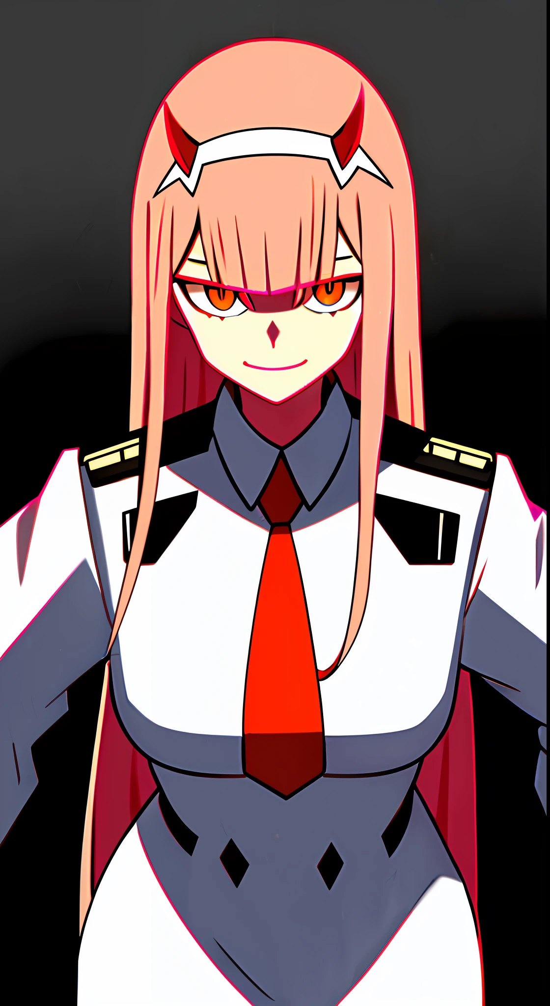 zero two, darling in the franxx, 1girl, water eyes, bangs, blunt bangs, breasts, closed mouth, cowboy shot, hair band, horns, leaning forward, long hair, looking at the viewer, medium breasts, tie, oni horns, orange tie, pink hair, red horns, smile, solo, standing, straight, cyberpunk background, white hair band, zero two,  military clothing, best quality, detailed eye, detailed PNG,