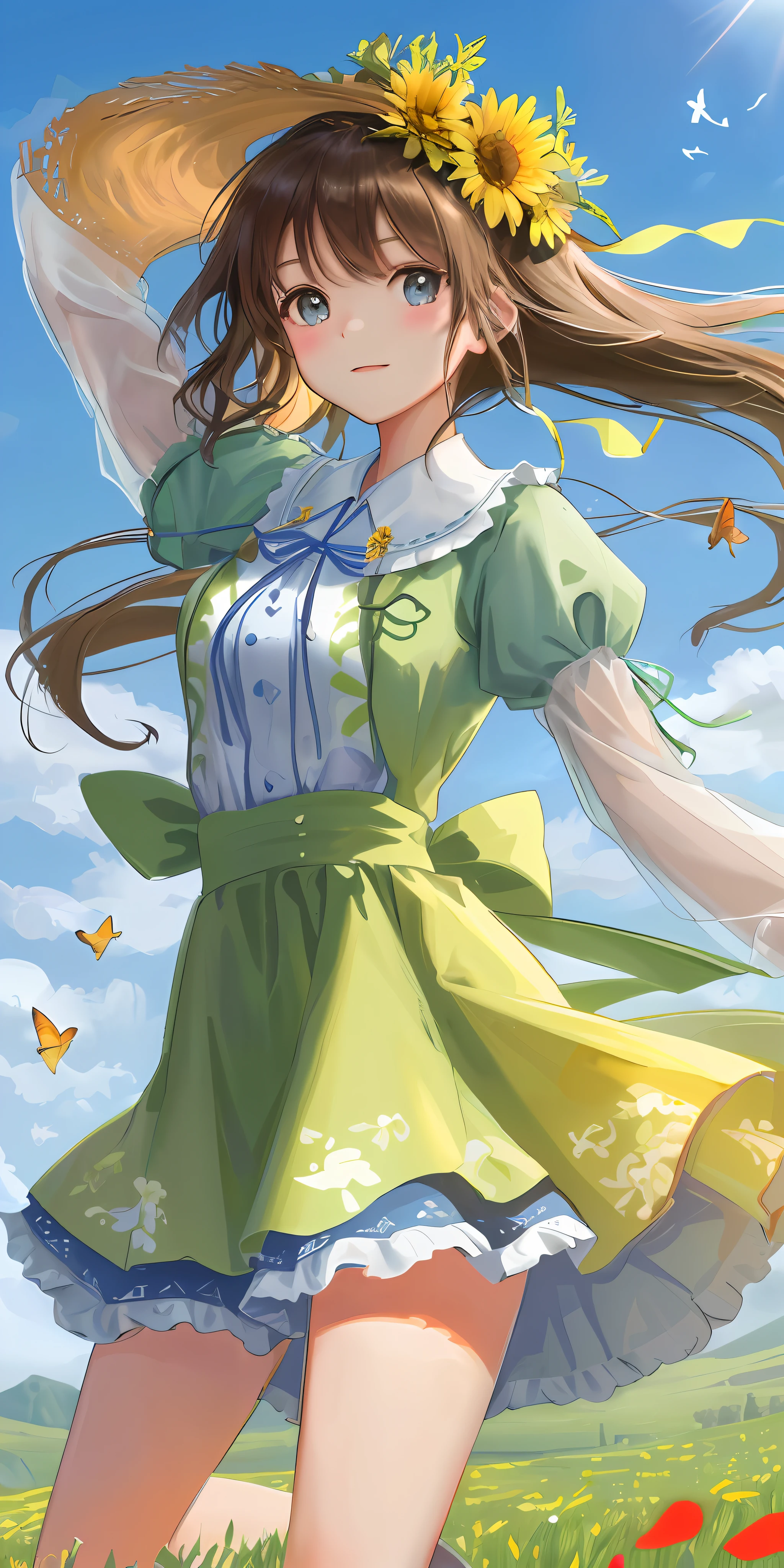 High Detail, Ultra Detail, Ultra High Resolution A cute and innocent girl is enjoying her time in an open field, surrounded by the beauty of nature, with the warm sun shining on her and wild flowers swaying gently in the breeze. Butterflies and birds flutter around her, adding to the playful atmosphere, --v6
