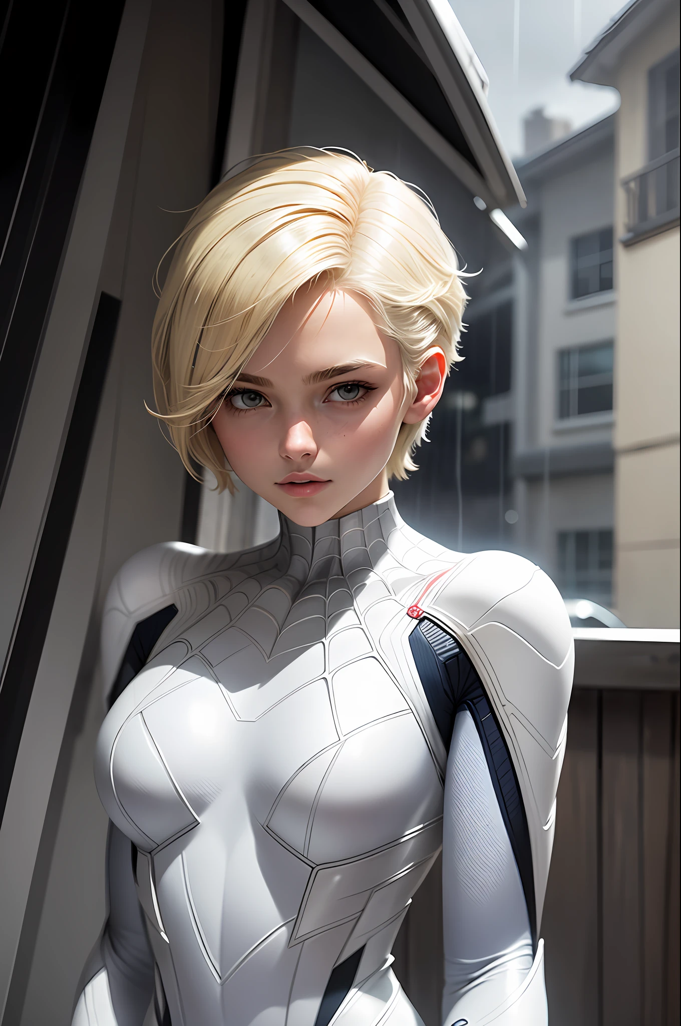 18 year old girl, white Spider-Man suit, short hair, blonde hair, beautiful face, rain, roof, masterpiece, exquisite details, perfect anatomy