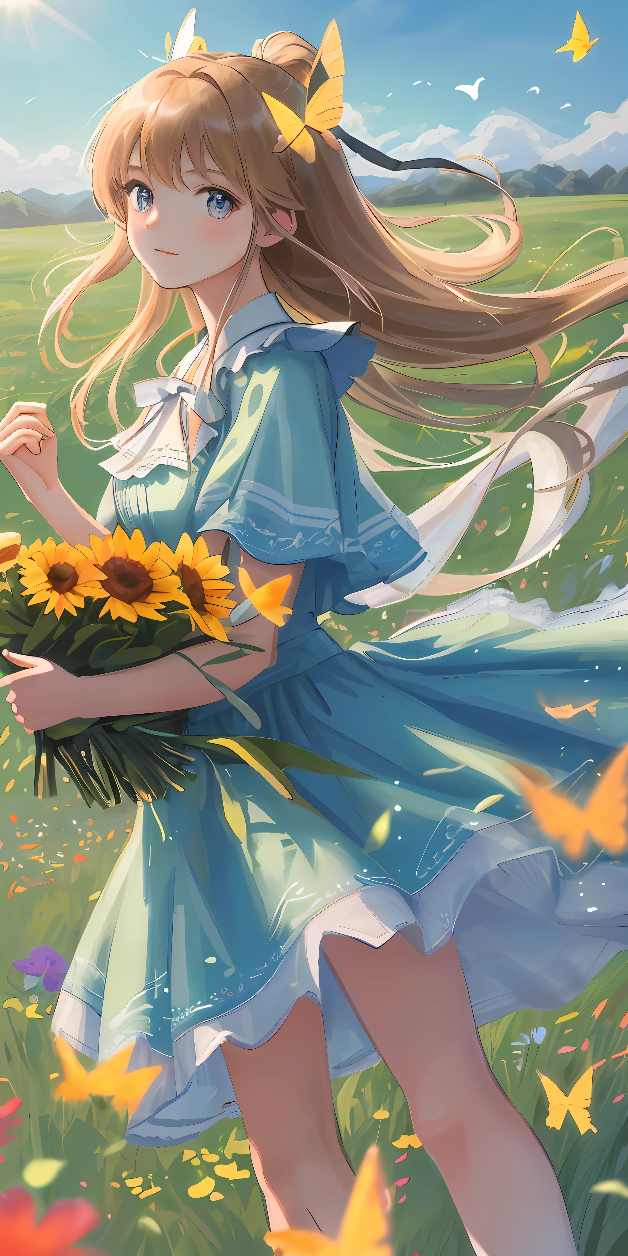High Detail, Ultra Detail, Ultra High Resolution A cute and innocent girl is enjoying her time in an open field, surrounded by the beauty of nature, with the warm sun shining on her and wild flowers swaying gently in the breeze. Butterflies and birds flutter around her, adding to the playful atmosphere, --v6