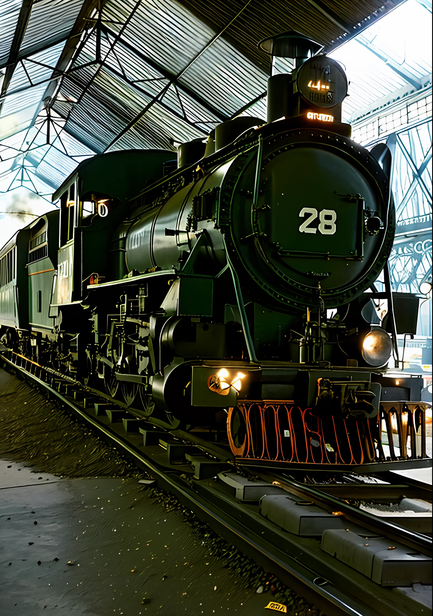 there is a train that is sitting on the tracks in a building, train, locomotive, steam train, gothic locomotive, large engine, railroads, steam engine, trains, steam trains, platform, choo choo, train station, on display, photo taken in 1970, yard, preserved historic, portrait of a large, extremely intricate, huge scale
