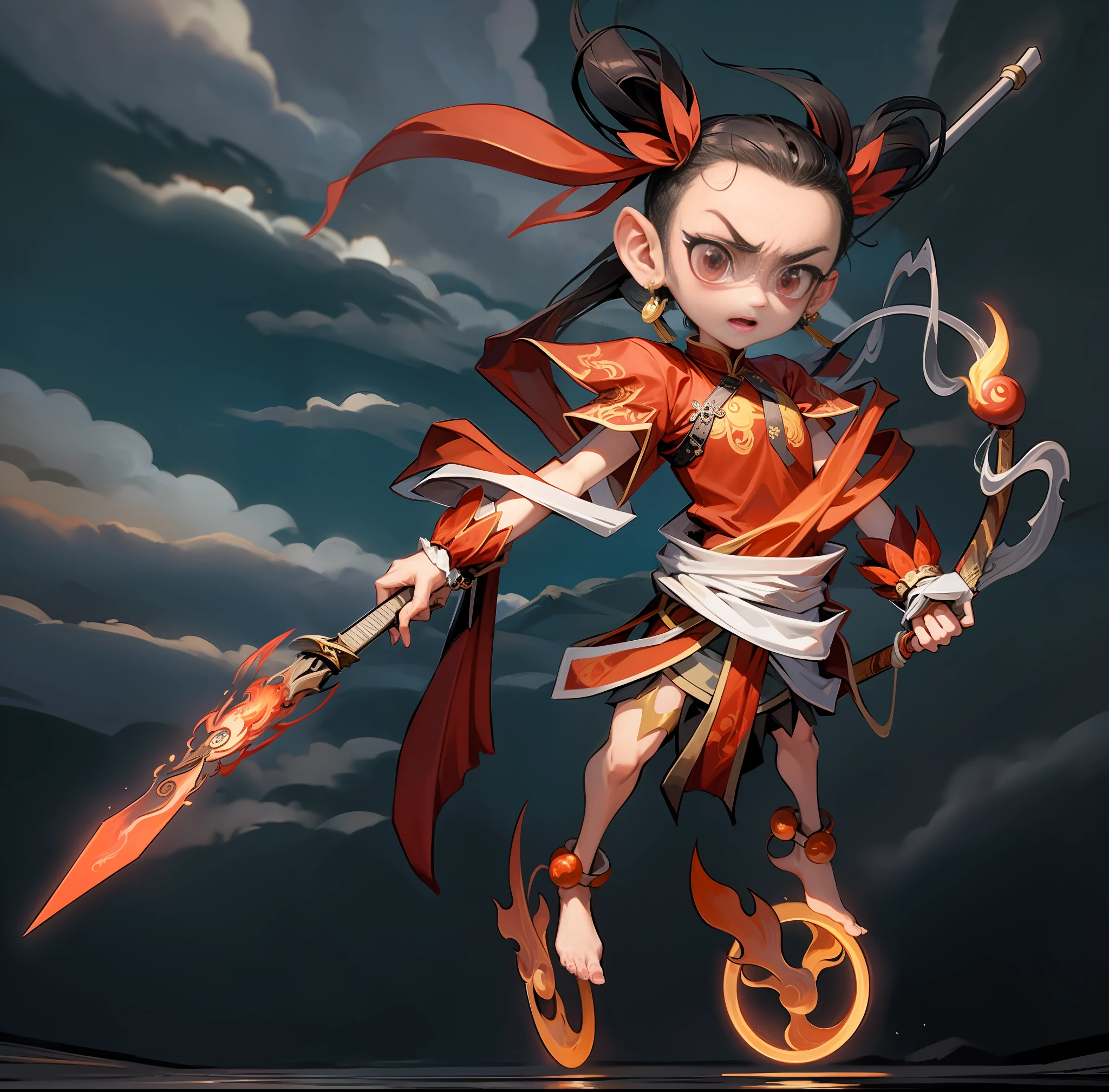Masterpiece, best quality, official art, 8k wallpaper, very detailed, illustration, 1 girl, angry, holding a spear, (flying), chinese mythology, ashuras in chinese mythology, burning clouds, red clouds, flames, detailed sky, abstract background
