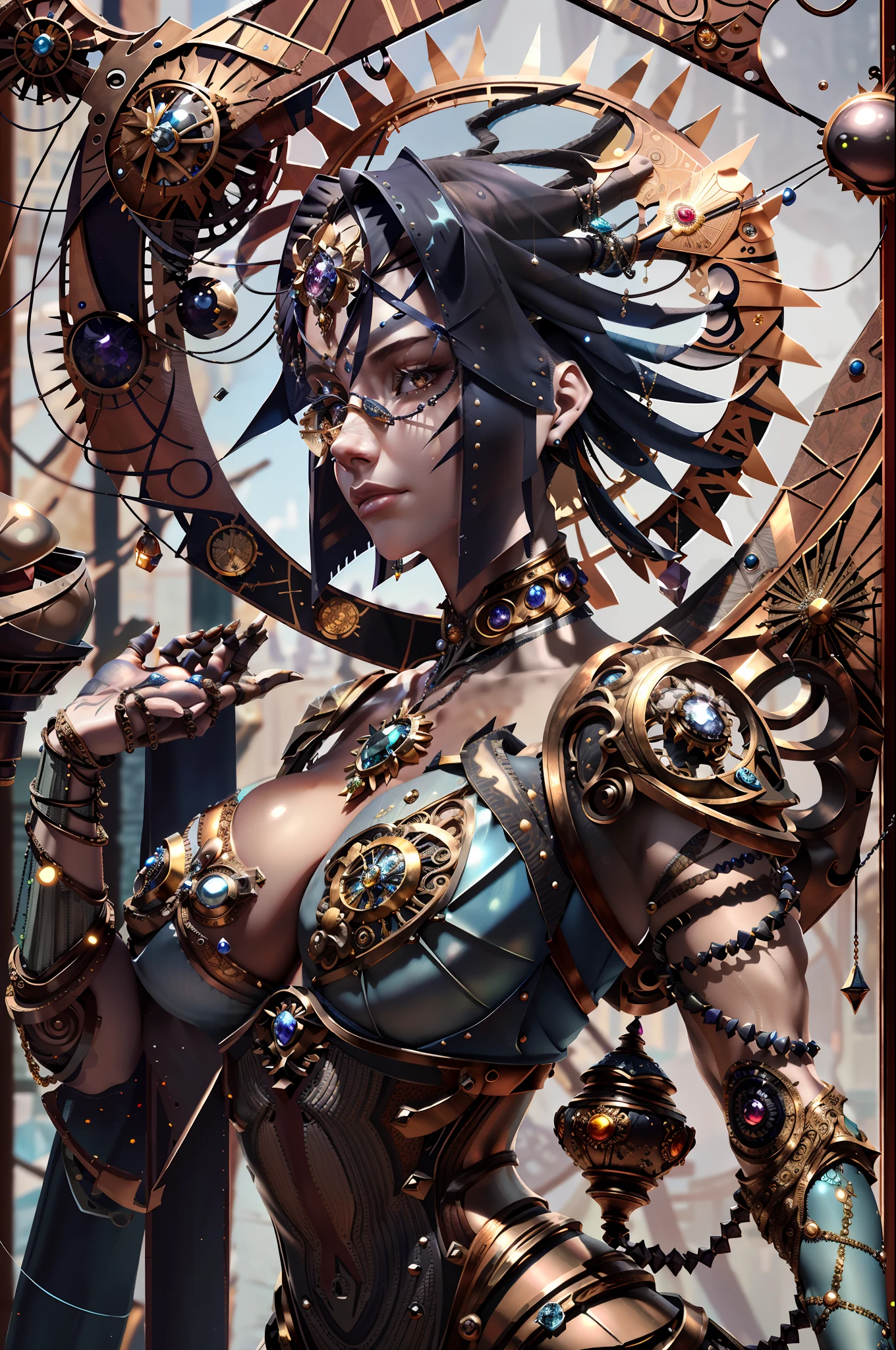 Masterpiece, high quality, 3D, 8K CG, intricate details, detailed background, sacred. Jewelry, by Dylan Kowalski, ((1girl)), upper body, muscular, sunken skin, big breasts, sexy, side-vision, short hair, prosthetics, robotic arms, synthetic skin, porcelain, pearls, holographic, titanium, diamonds, rubies, sapphires, gemstones, clockwork, junk, frayed edges, armor,