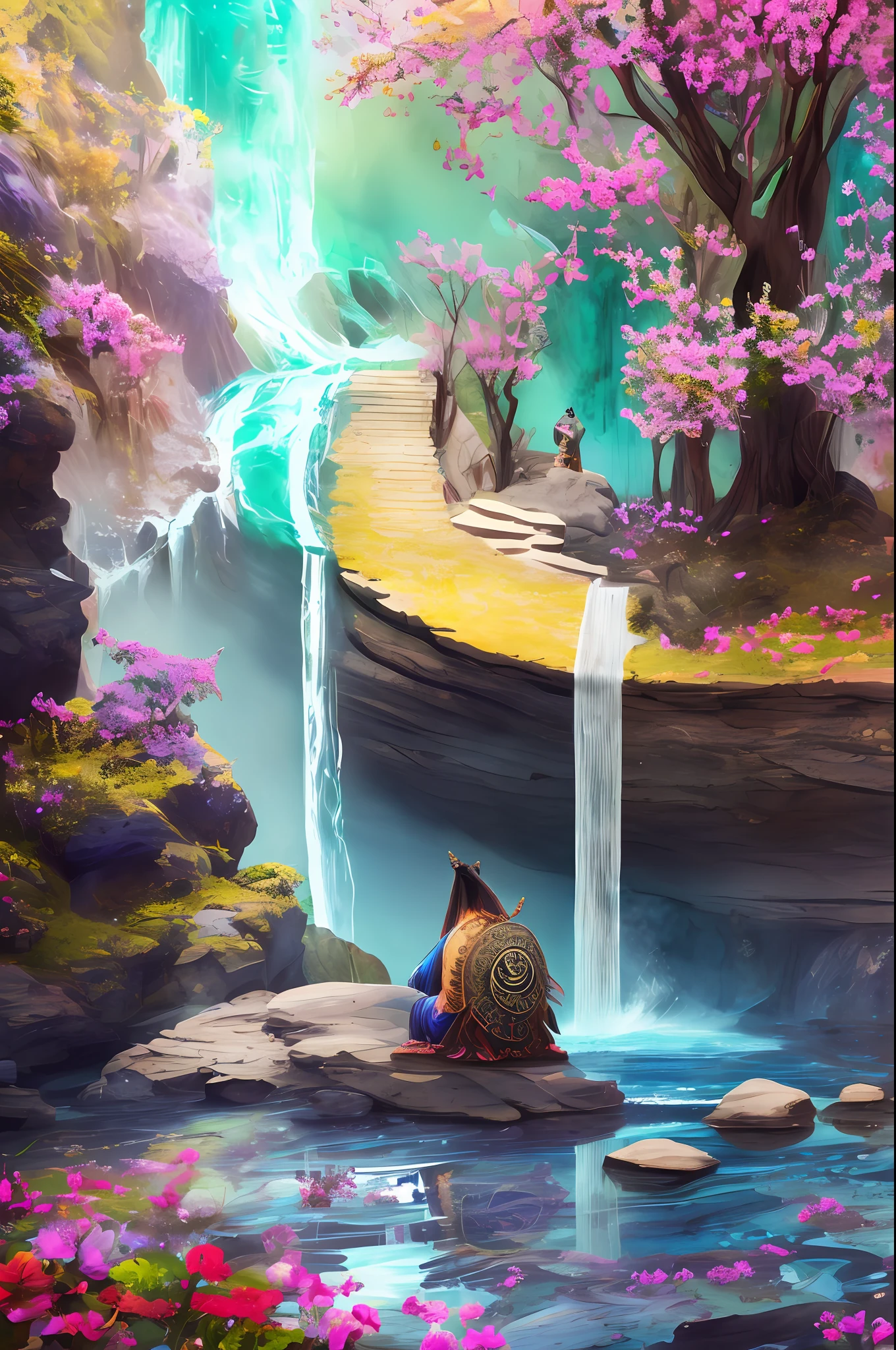 (hyperrealistic), (high resolution), In the center of the image, we can have a shaman in meditation, sitting in a sacred place, like a natural altar surrounded by elements of nature, such as stones, flowers, plants and shells. This representation symbolizes the practice of building a sacred site.  Around the shaman, we can represent symbols or images that represent inner preparation, such as a mirror reflecting self-discovery, a feather representing freedom and connection to the spiritual world, and perhaps a flame symbolizing inner transformation.  At the top of the image, we can represent ancestors or ancestral spirits in the form of ethereal figures or shadows, as if they were being invoked by the shaman. They may be surrounded by lights or sparkles to convey their spiritual presence.  At the bottom of the image, we can depict elements of purification rituals, such as a waterfall or a flowing river, symbolizing cleansing and renewal. We can add plumes, incense, or other symbols related to purification around the water flow.  Finally, we can represent the shamanic journey through a trail or path that extends from the shaman to distant horizons, indicating the spiritual journey and the exploration of different dimensions. There may be symbolic images along the way, such as power animals, sacred trees, or star constellations. 8k --auto --s2