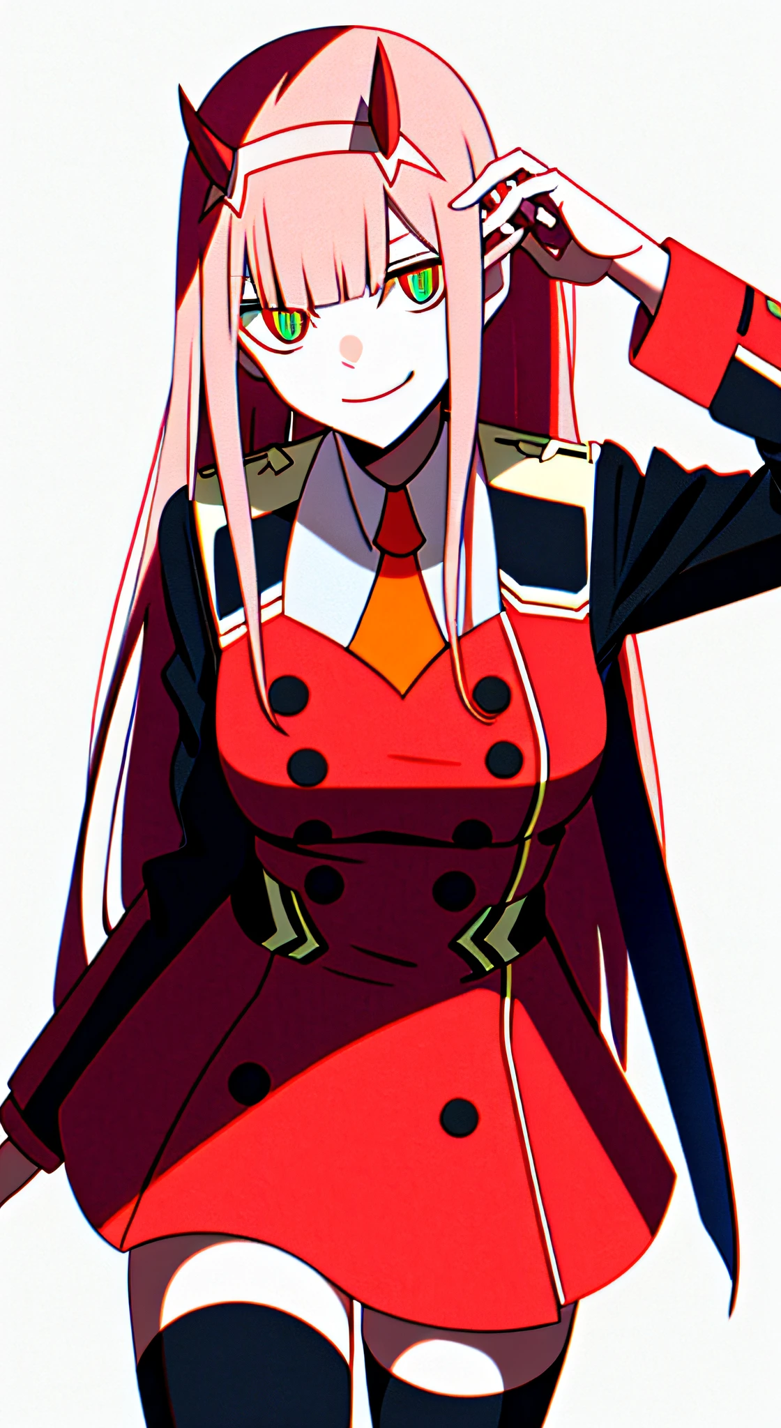 zero two, darling in the franxx, 1girl, water eyes, bangs, blunt bangs, breasts, closed mouth, cowboy shot, hair band, horns, leaning forward, long hair, looking at the viewer, medium breasts, tie, oni horns, orange tie, pink hair, red horns, smile, solo, standing, straight, cyberpunk background, white hair band, zero two, military clothing, best quality, detailed eye, detailed PNG,