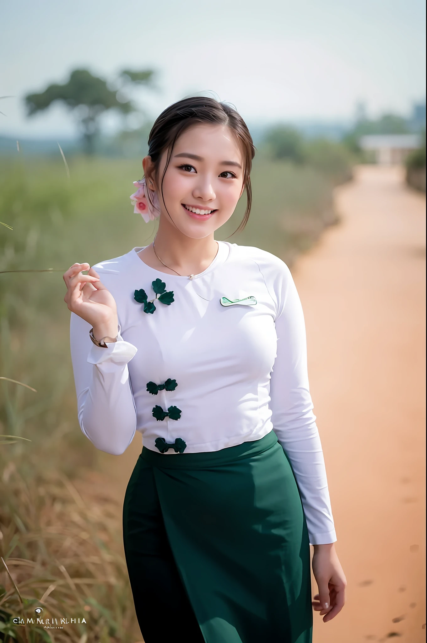 arafed woman in a white shirt and green skirt posing for a picture, white shirt and green skirt, nivanh chanthara, anime thai girl, traditional beauty, lovely smile, a cute young woman, in style of lam manh, young and cute girl, asian girl, young asian girl, south east asian with round face, a young asian woman