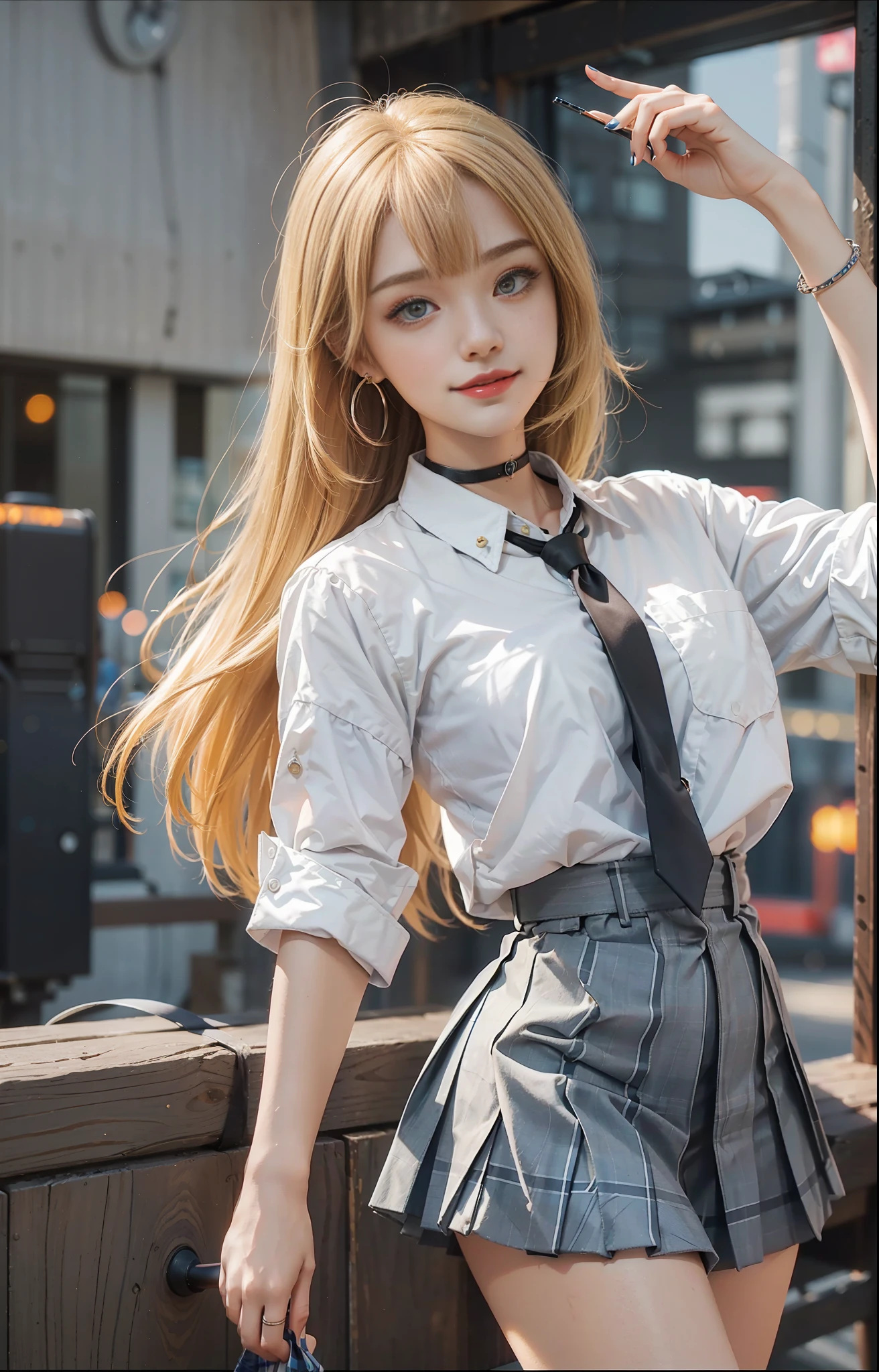 Kitagawa Marin, orange eyes, (1 girl: 1.4) (normal head-to-body ratio: 1.4) (tall long legs: 0.4)
(school uniform), (light blue tie), (blue plaid pattern skirt 1.3), brown leather shoes, (white short socks), blush
(Black choker collar: 0.8) Maiden standing (long eyelashes: 1.5), smile, various poses (night city: 1.1) (neon: 1.3) night (black sky) city tall building lights
Blonde/yellow hair, oblique bangs, 8-point bangs, (long eyebrows: 0.9), (red lips: 0.5)
To waist-length hair, long hair, spread hair, full body, smile
earring
(Nail art: 0.5)
, ESFP-A personality type
(25-year-old girl: 0.4)
(Extrovert: 0.9)
assertive
Have one's head in the clouds
daring
Happy