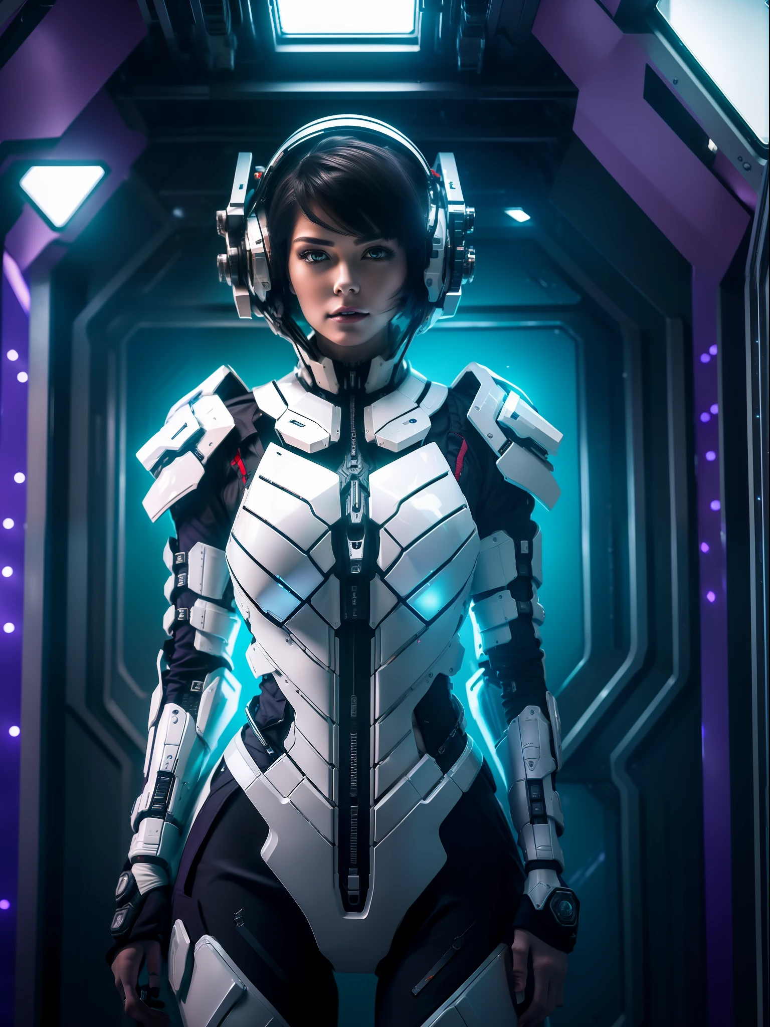 (full body photo:1.5), (one/woman/mechanical:1.5), (extremely large breasts:1.5), (all mechanical body:1.5), (with bionic armor:1.5), white with black gears, (she is inside a spaceship near the window seeing outer space:1.5), (she has very short purple straight hair:1.3), (blue eyes:1.3), (moaning:1.5), (blush:1.5), (doing sexual/standing pose/for the viewer:1.5), anime style, Anime, 16k, high quality, textured skin, UHD, award-winning