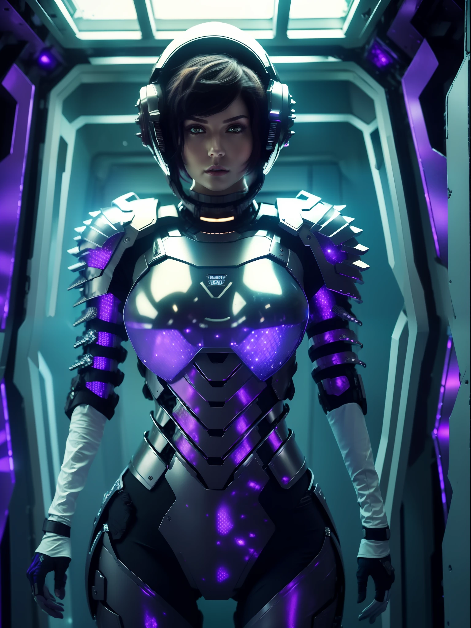 (full body photo:1.5), (one/woman/mechanical:1.5), (extremely large breasts:1.5), (all mechanical body:1.5), (with bionic armor:1.5), white with black gears, (she is inside a spaceship near the window seeing outer space:1.5), (she has very short purple straight hair:1.3), (blue eyes:1.3), (moaning:1.5), (blush:1.5), (doing sexual/standing pose/for the viewer:1.5), anime style, Anime, 16k, high quality, textured skin, UHD, award-winning