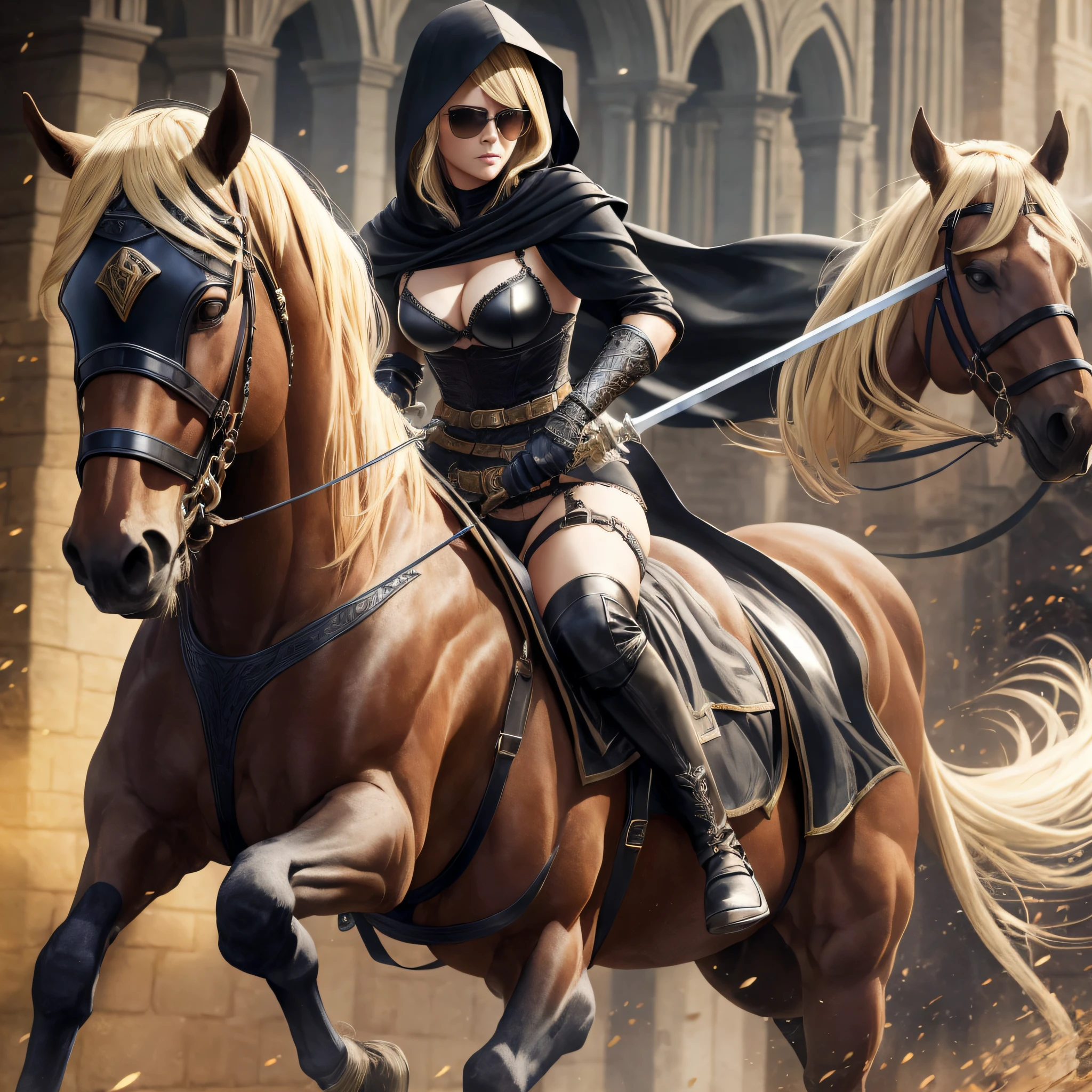 blonde woman, wearing sunglasses, with black hood, riding a horse, running in medieval scenery, very sexy, wearing panties, and bra, with a sword in hand, realistic photo, very detailed, without defects, in limbs, --auto --s2