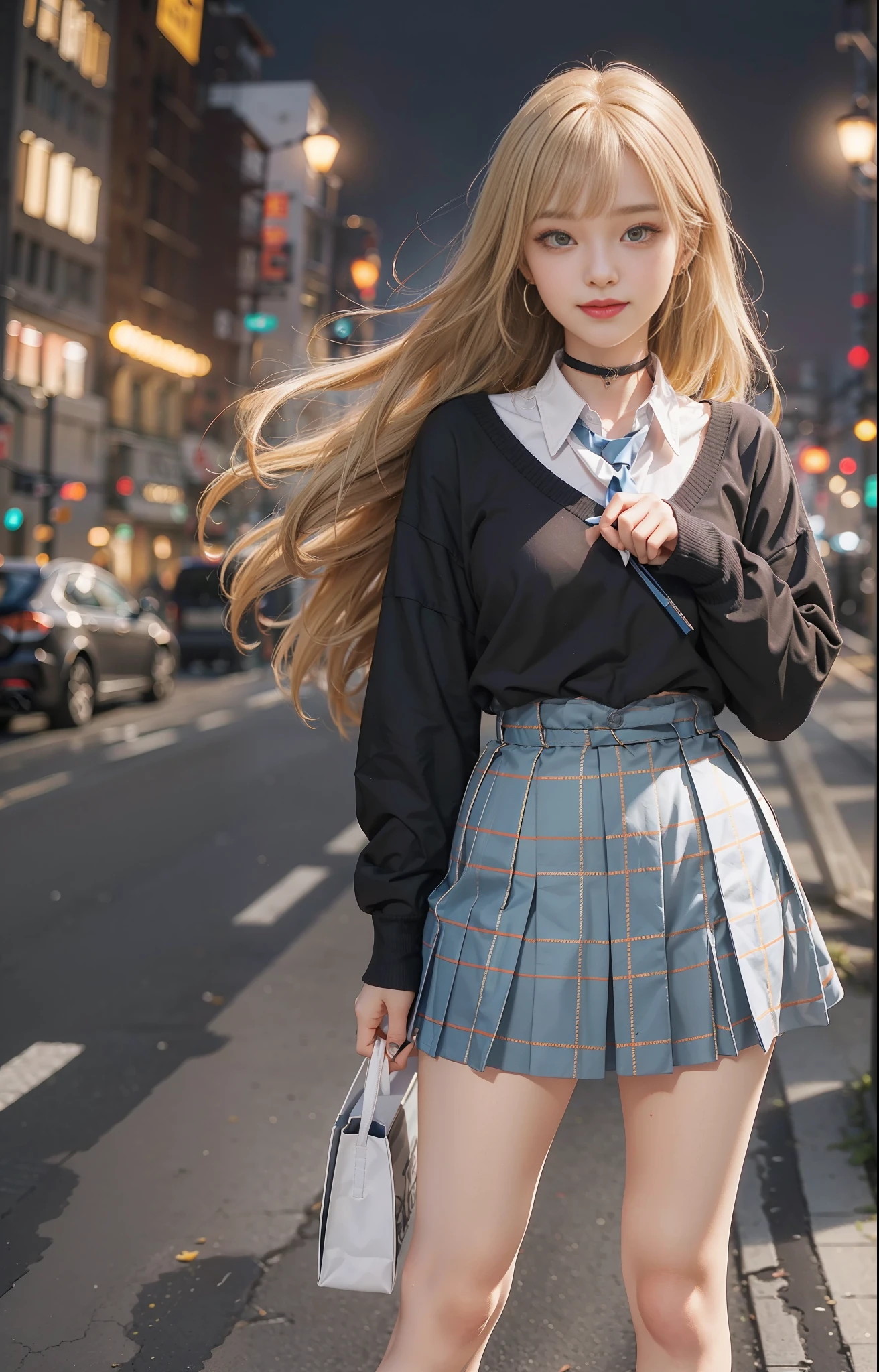 Kitagawa Marin, orange eyes, (1 girl: 1.4) (normal head-to-body ratio: 1.4) (tall long legs: 0.4)
(school uniform), (light blue tie), (blue plaid pattern skirt 1.3), brown leather shoes, (white short socks), blush
(Black choker collar: 0.8) Maiden standing (long eyelashes: 1.5), smile, various poses (night city: 1.1) (neon: 1.3) night (black sky) city tall building lights
Blonde/yellow hair, oblique bangs, 8-point bangs, (long eyebrows: 0.9), (red lips: 0.5)
To waist-length hair, long hair, spread hair, full body, smile
earring
(Nail art: 0.5)
, ESFP-A personality type
(25-year-old girl: 0.4)
(Extrovert: 0.9)
assertive
Have one's head in the clouds
daring
Happy