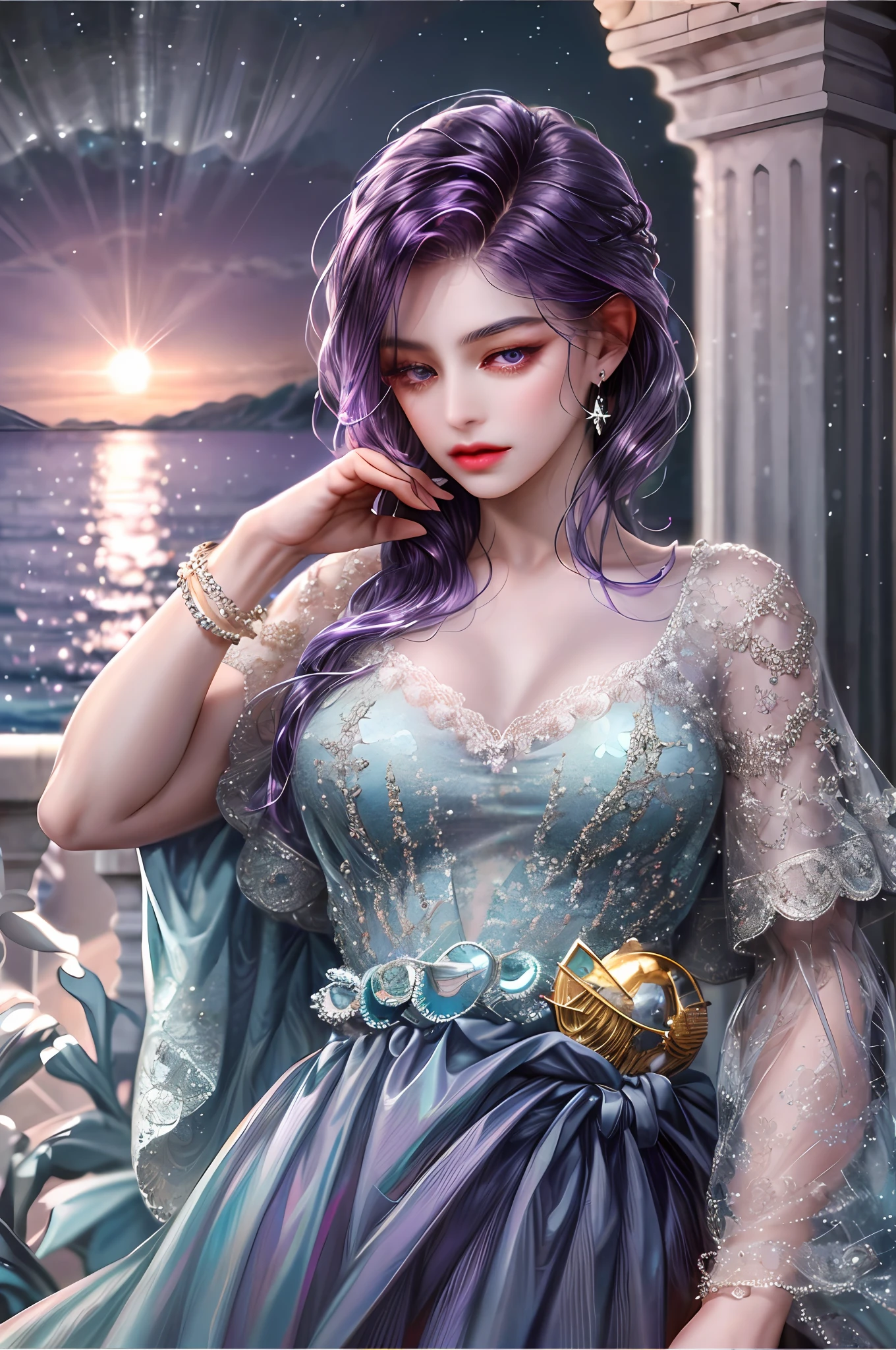 ( High quality , ultra detailed, careful with hand )Zodiac - Scorpio goddess , similar to latin goodness . Emotional, determined, inquisitive, industrious face . Jealous, compulsive, unforgiving style . Deep purple eyes (eyes detail) , purple hair , bling bling , transparent dress , in the ocean with moonlight , whole body , cute but sexy and brave make up look .