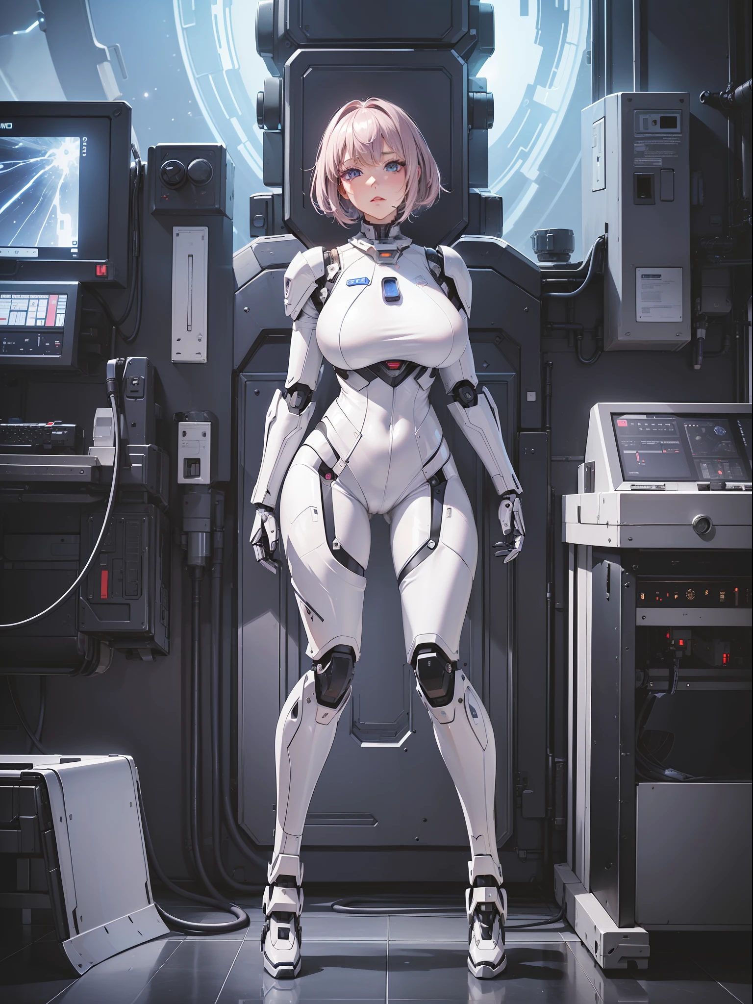 (full body photo:1.5), (one/woman/mechanical:1.5), (extremely large breasts:1.5), (all mechanical body:1.5), (with bionic armor:1.5), white with black gears, (she is inside a spaceship near the window seeing outer space:1.5), (she has very short purple straight hair:1.3), (blue eyes:1.3), (moaning:1.5), (blush:1.5), (doing sexual/standing pose/for the viewer:1.5),  (anime style, Anime, 16k, high quality, textured leather, UHD, award-winning)