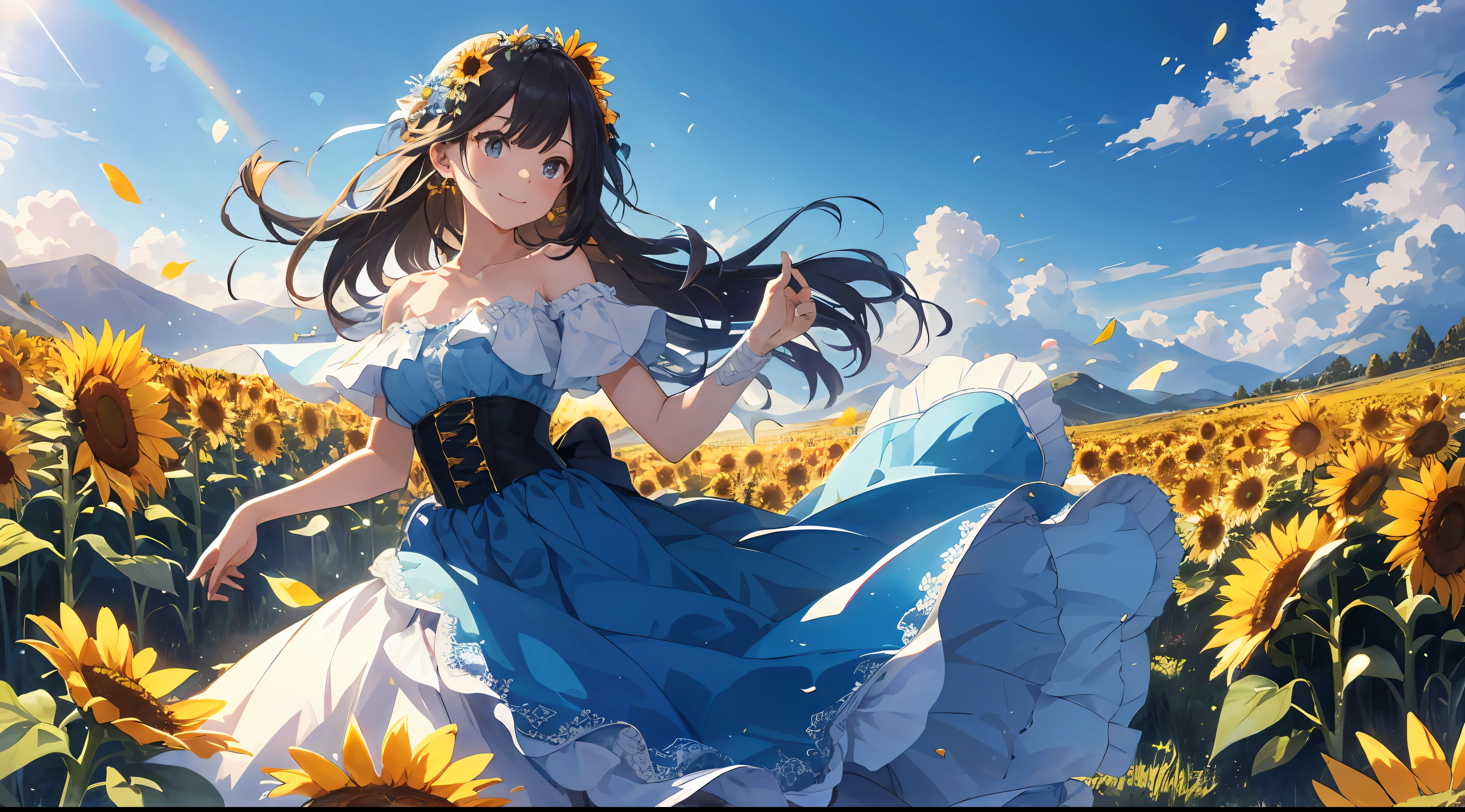 (Best Quality: 1.5), (Super Detail: 1.5), (Best Quality Photo: 1.5), blue sky, sunflower field as far as the eye can see, summer sky, rainbow, scenic, beautiful landscape, light particles, very delicate and beautiful, very detailed, bioluminescence, cinematic light, mysterious, cinematic angle, 8k resolution, elegant, perfect, smooth, princess looking far away, very cute, smile, (delicate and beautiful eyes: 1.2), ( Girl: 1.5), Lace, Ribbon, Strapless, Hundred Flowers Disturbance, Refreshing Wind, Dancing Petals,