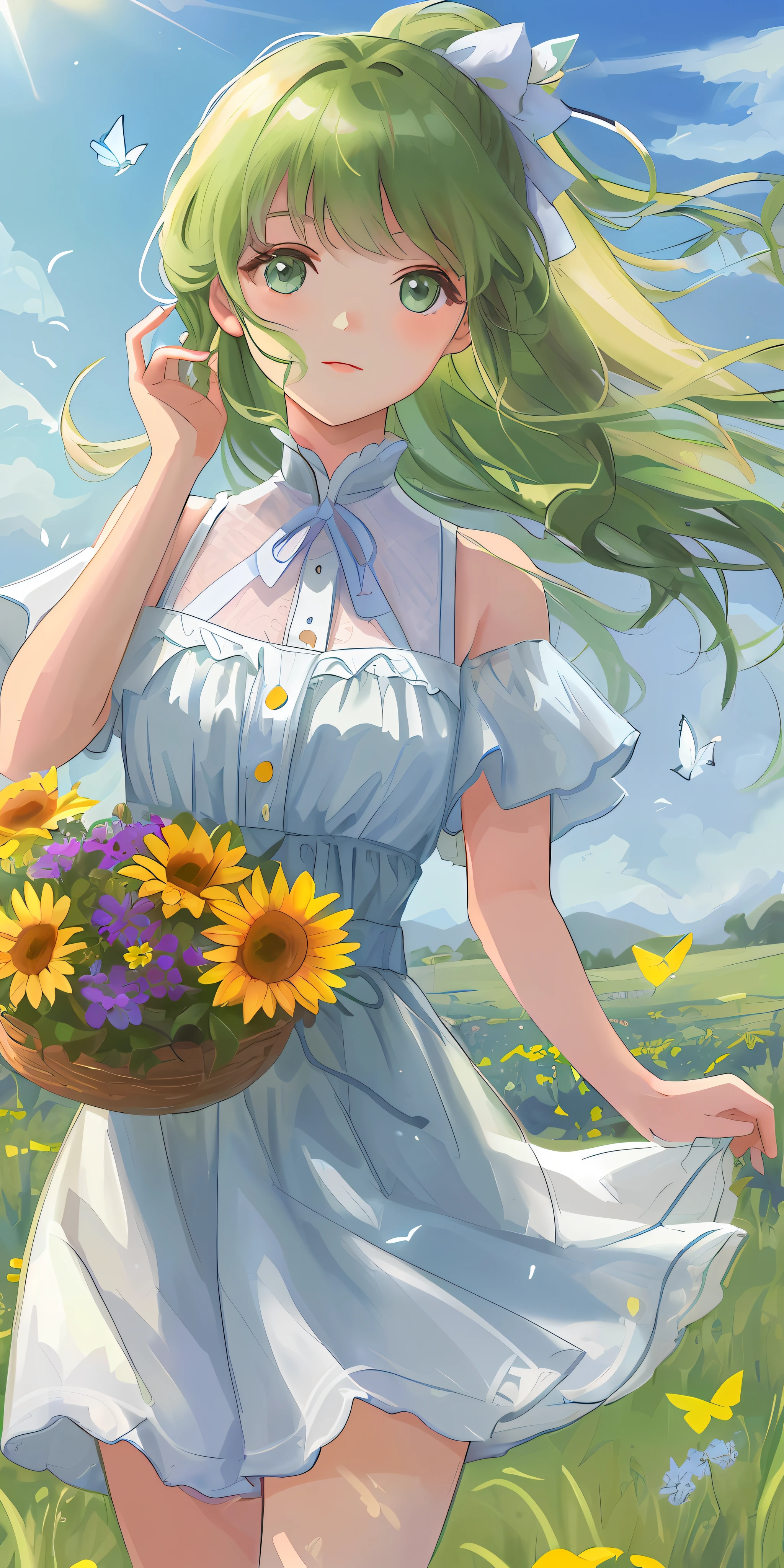 High Detail, Ultra Detail, Ultra High Resolution A cute and innocent girl is enjoying her time in an open field, surrounded by the beauty of nature, with the warm sun shining on her and wild flowers swaying gently in the breeze. Butterflies and birds flutter around her, adding to the playful atmosphere, --v6
